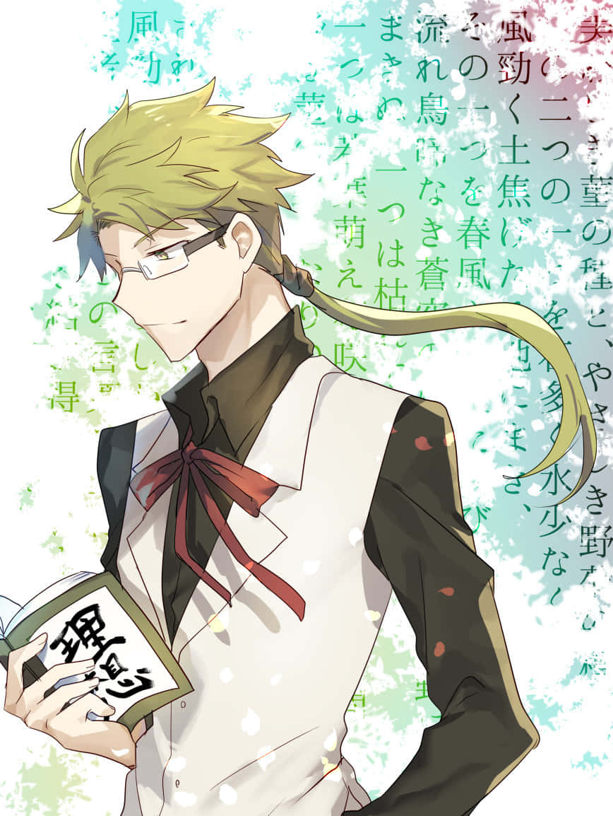 Kunikida 桌布 壁紙 — 動漫少年，金色刺蝟頭，戴眼鏡，手持書本，背景是漂浮的日文字和櫻花。