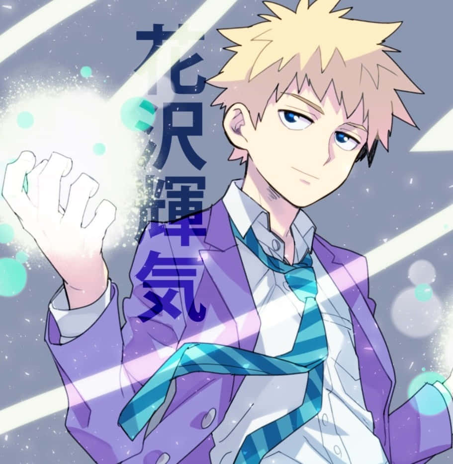 Teruki Hanazawa 桌布 壁紙 — 動漫少年，金色刺蝟頭，身穿紫色西裝，在閃爍背景中自信微笑，散發著發光能量。