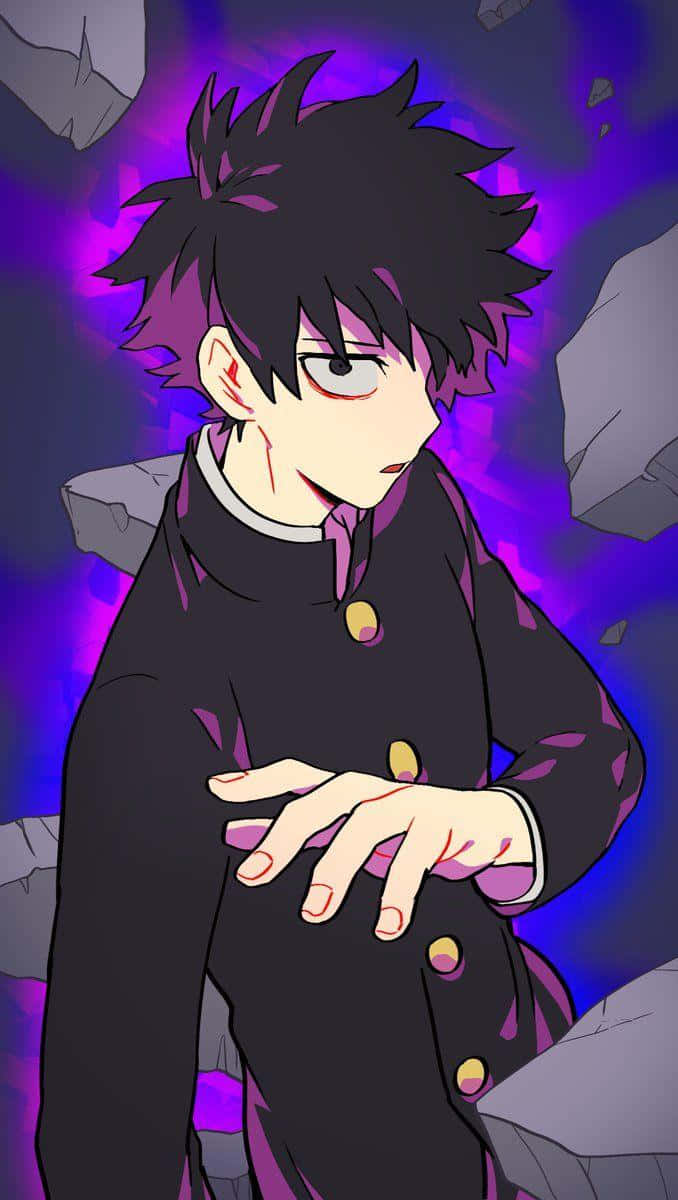 Shigeo Kageyama 桌布 壁紙 — 動漫少年，黑色刺蝟頭，紅色眼睛，站在浮石之間，背景是發光的紫色。