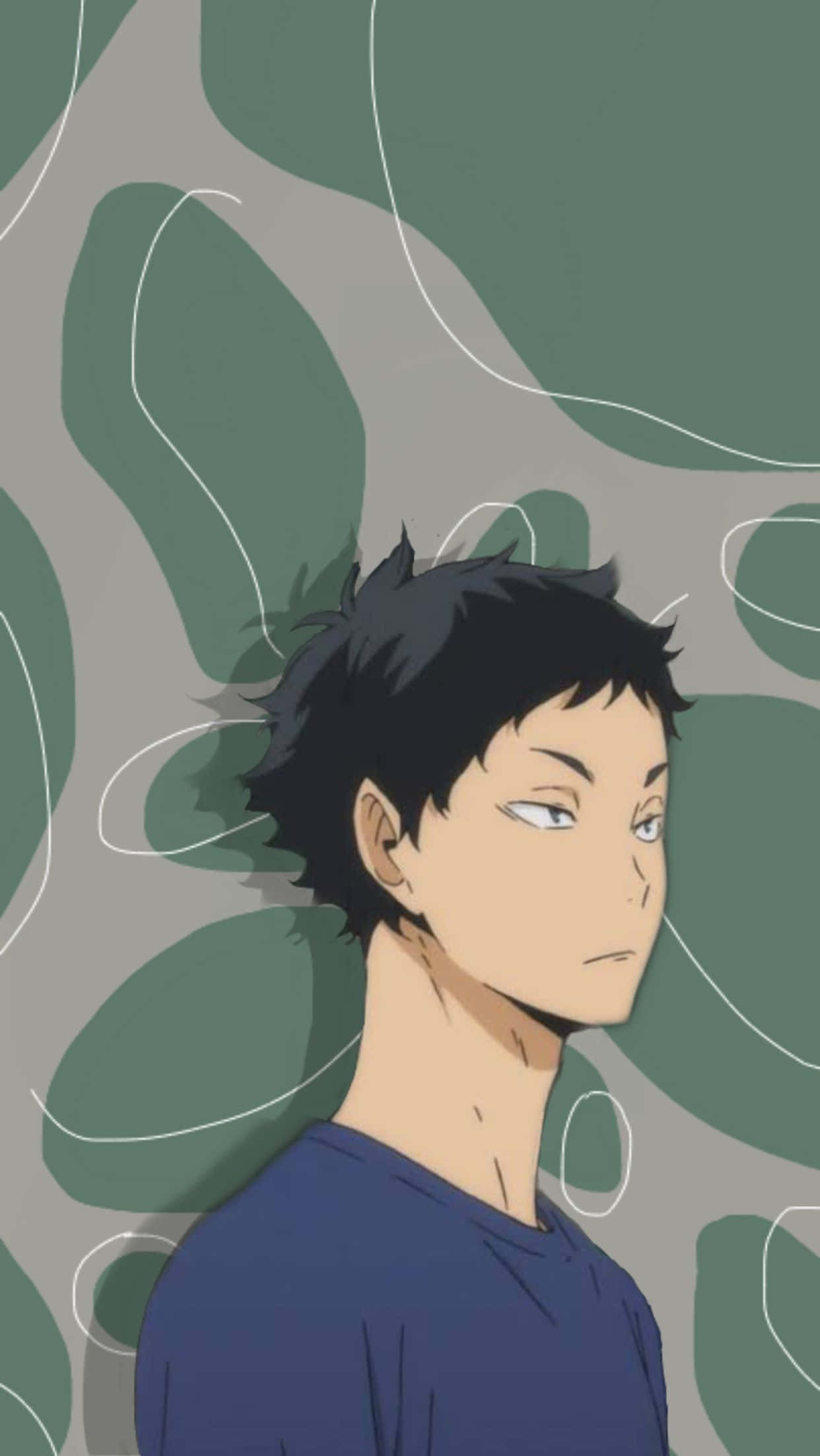 Keiji Akaashi 桌布 壁紙 — 動漫少年，黑色刺蝟頭，藍色眼睛，側視，背景為抽象綠色和灰色，帶有白色漩渦。