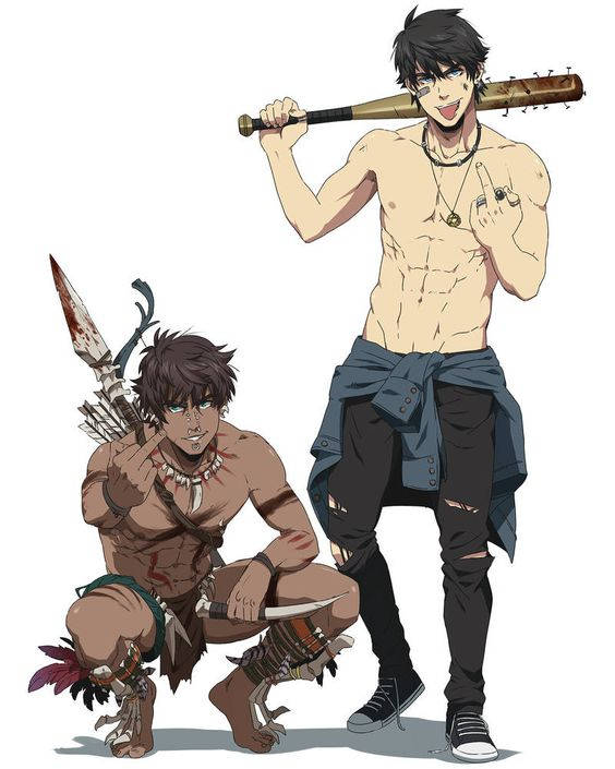 兩個動漫男子，一個蹲下拿著武器，另一個站立拿著棒球棍，兩人都咧嘴笑
