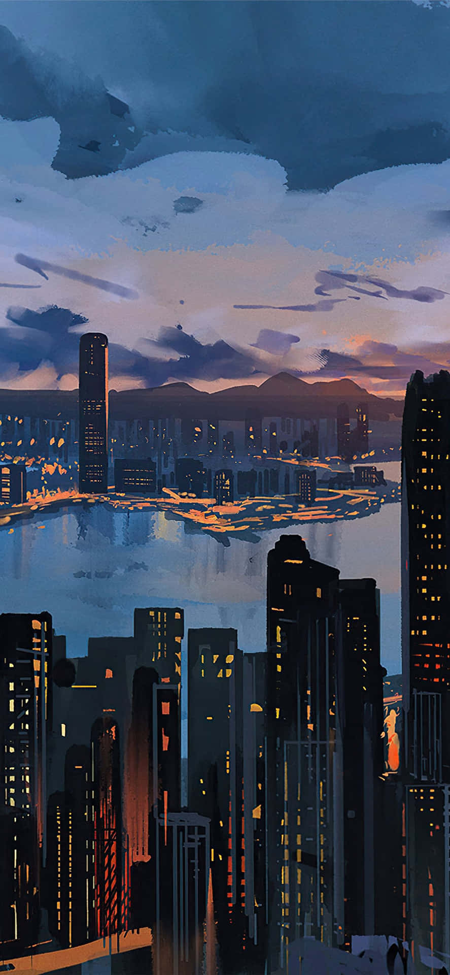 動漫建築剪影 壁紙 — 充滿活力的暮色城市景觀，高聳的摩天大樓在憂鬱的紫色和橙色天空映襯下，在水面上反射出溫暖的燈光。