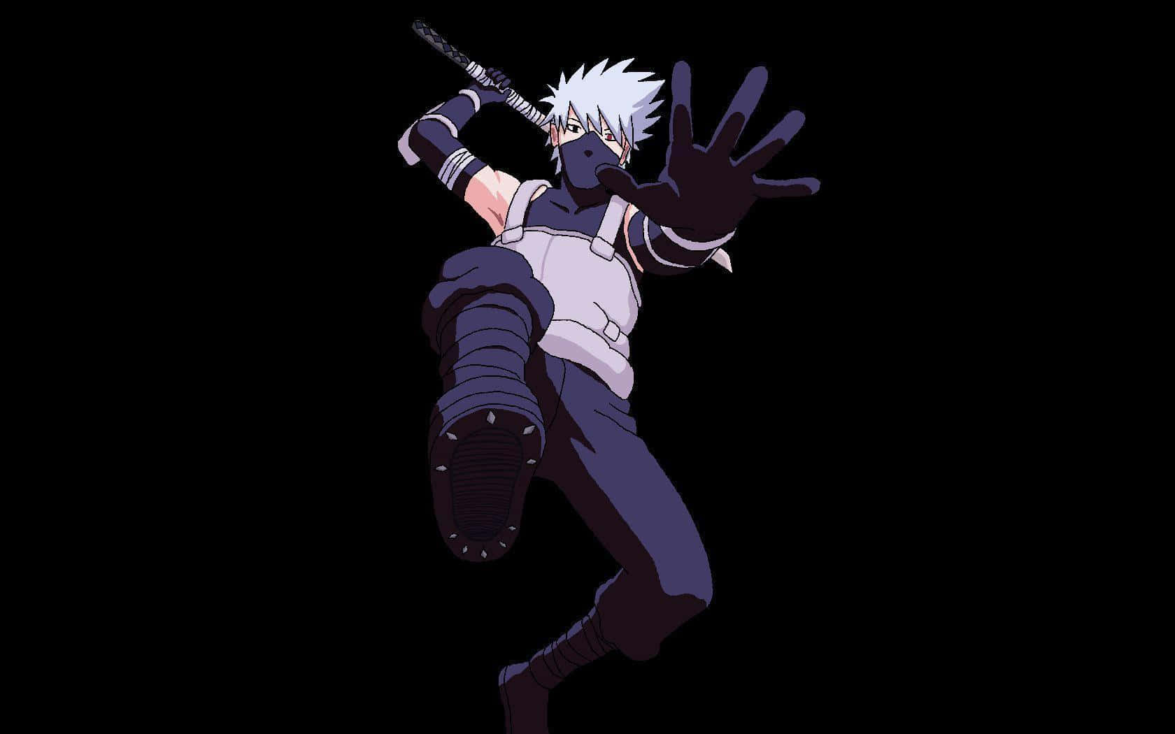 Anbu Black Ops 桌布 壁紙 — 動漫忍者，白色尖刺頭髮，黑色面具，在純黑背景上動態跳躍，揮舞著劍。