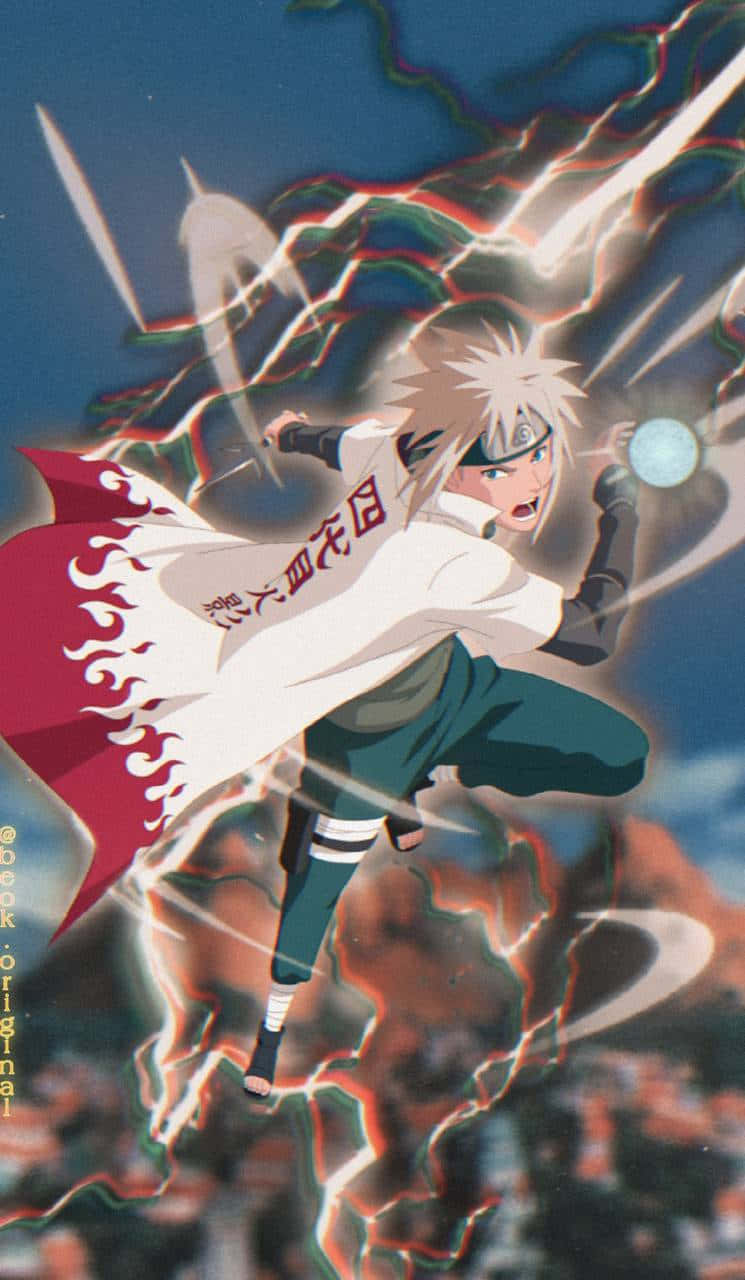 Fourth Hokage 桌布 壁紙 — 動漫忍者，金色刺蝟頭，紅色斗篷，在黑暗天空中釋放出被電能條紋包圍的發光藍色球體。
