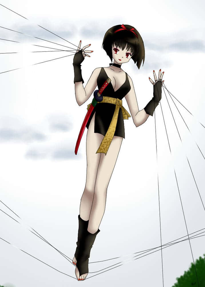Inuyasha Yura 桌布 壁紙 — 動漫忍者女孩，紅眼睛，黑色裝束，在陰天背景下於電線上保持平衡，手持武士刀。