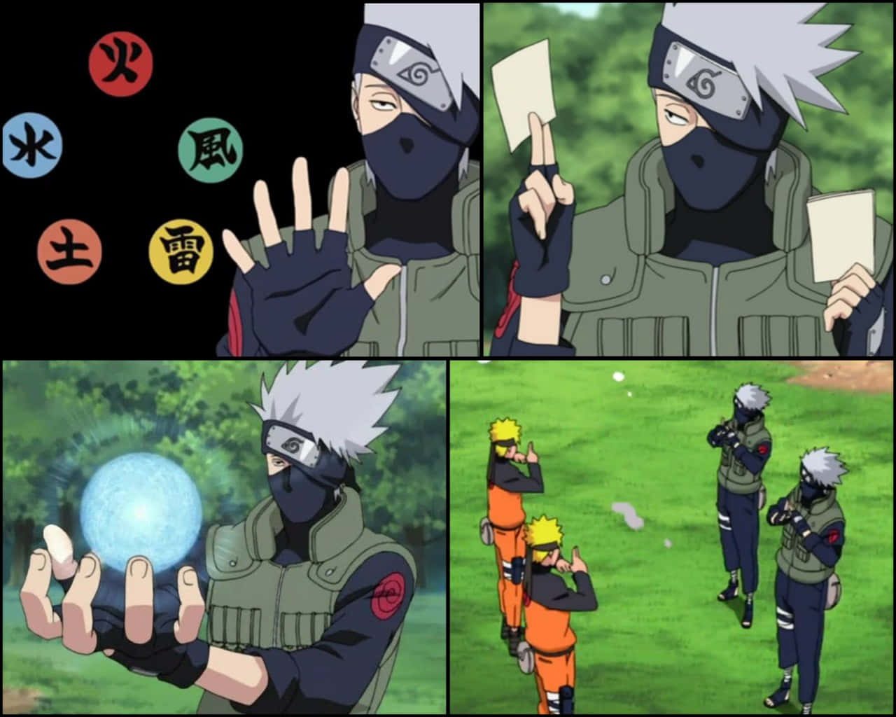 Kakashi And Naruto 桌布 壁紙 — 動漫忍者旗木卡卡西在充滿活力的綠色森林場景中展示手印和查克拉技巧。