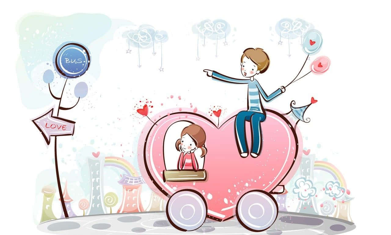 動漫情侶愛車插畫圖 壁紙 — 一個卡通男孩騎在粉紅色心形巴士上，手持氣球，一個女孩坐在裏面，背景中漂浮著彩虹和奇異的雲彩。