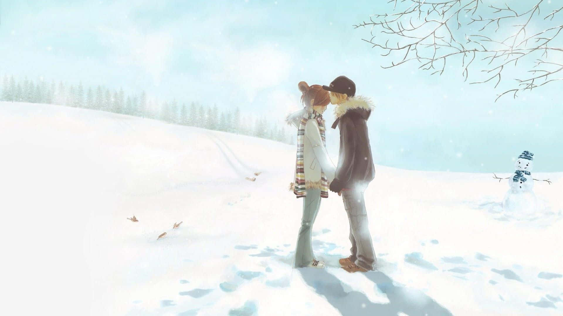 一對情侶在雪地裡親吻，附近有一個雪人。