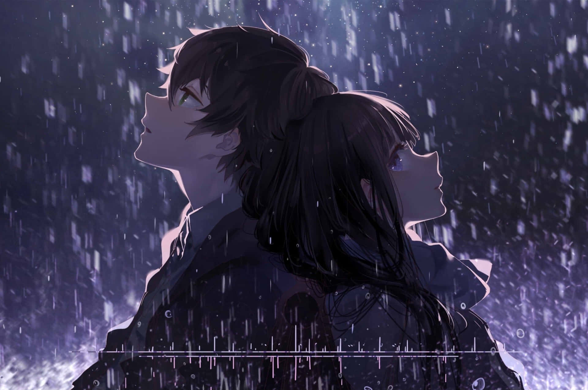 動漫情侶雨中相依頭像 壁紙 — 兩個動漫角色在落雨中靠近站立，眼睛發光，下方有數碼波形。