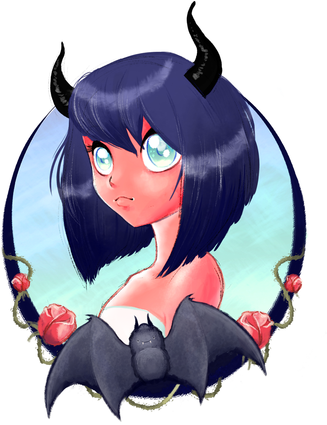 動漫惡魔少女插畫 壁紙 — 一個可愛的動漫女孩，有深色角和蝙蝠翅膀，拿著一隻小蝙蝠，周圍是紅玫瑰，背景是藍色圓形。