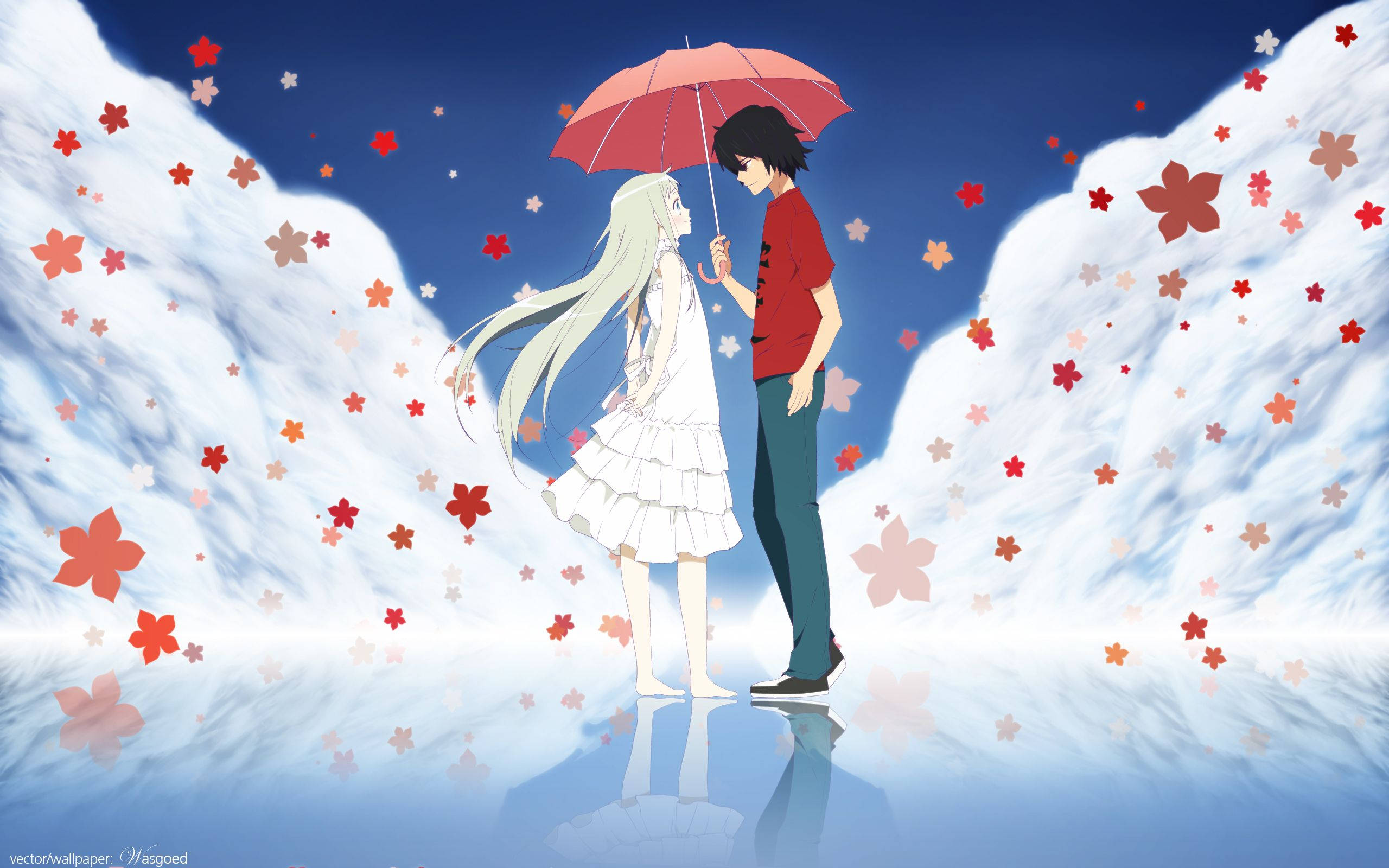 動漫愛情：Anohana 壁紙 — 一對情侶在紅色雨傘下，站在夢幻動畫場景中，周圍是旋轉的雲朵和飄落的櫻花。