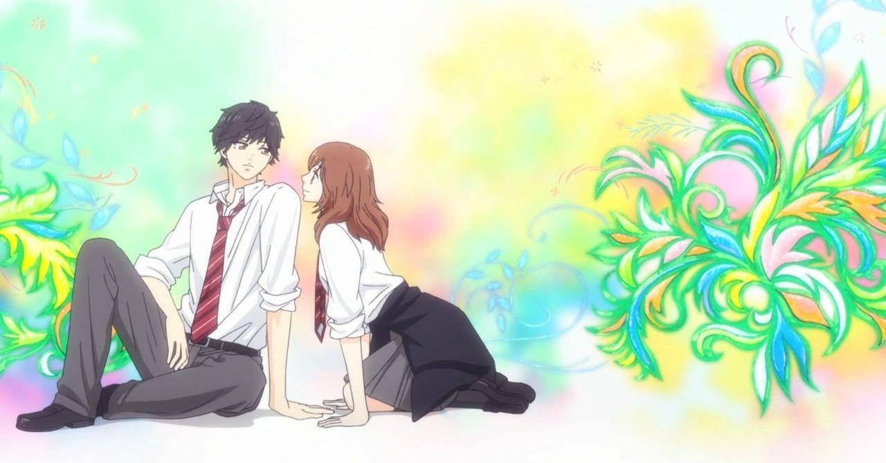 動漫愛情：Ao Haru Ride 壁紙 — 兩名穿著校服的動漫學生在充滿活力的抽象花卉背景前相對而坐。
