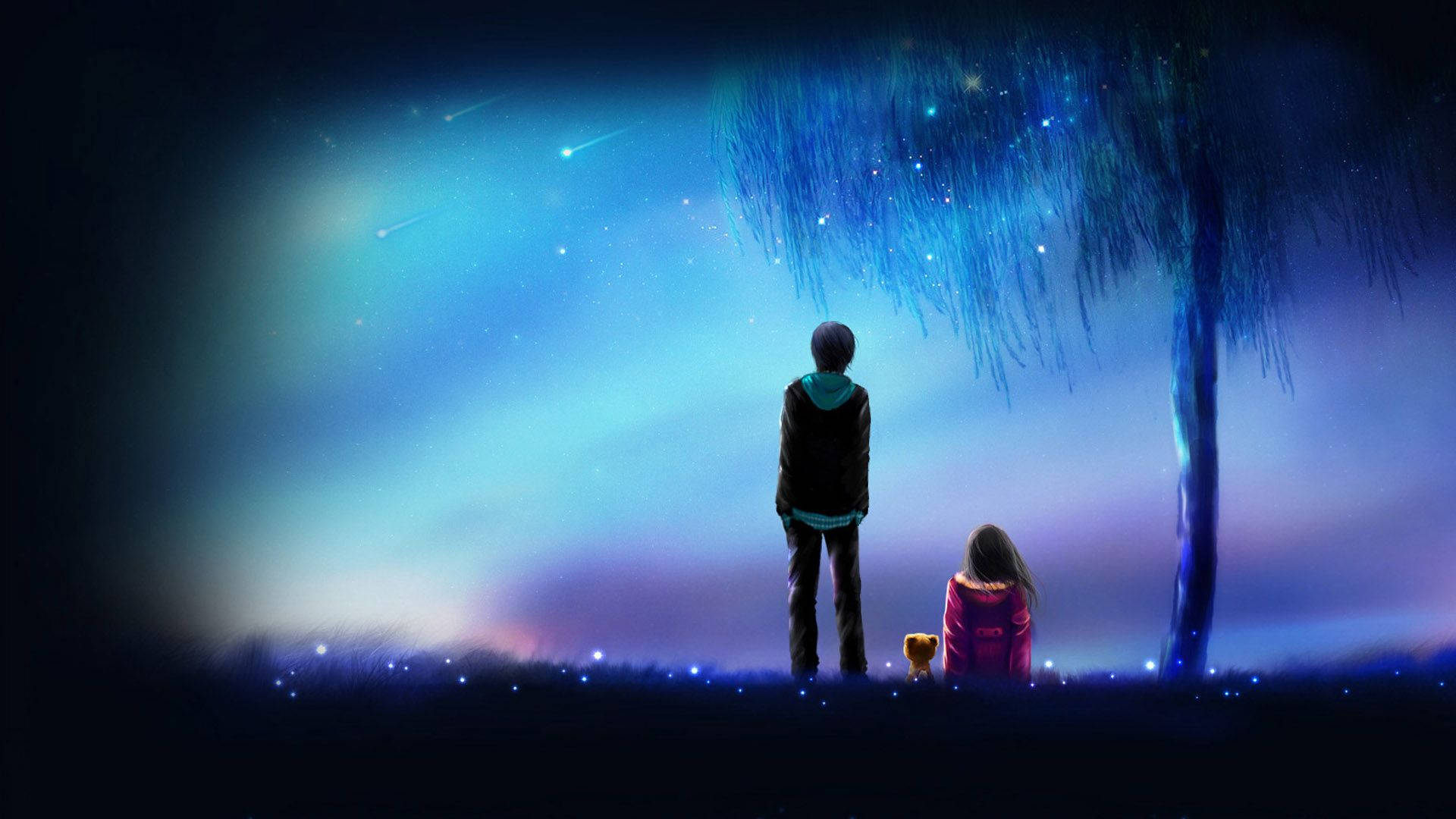 動漫愛情：極光 壁紙 — 兩個小孩和一隻小狗在發光的藍色樹下仰望星空。