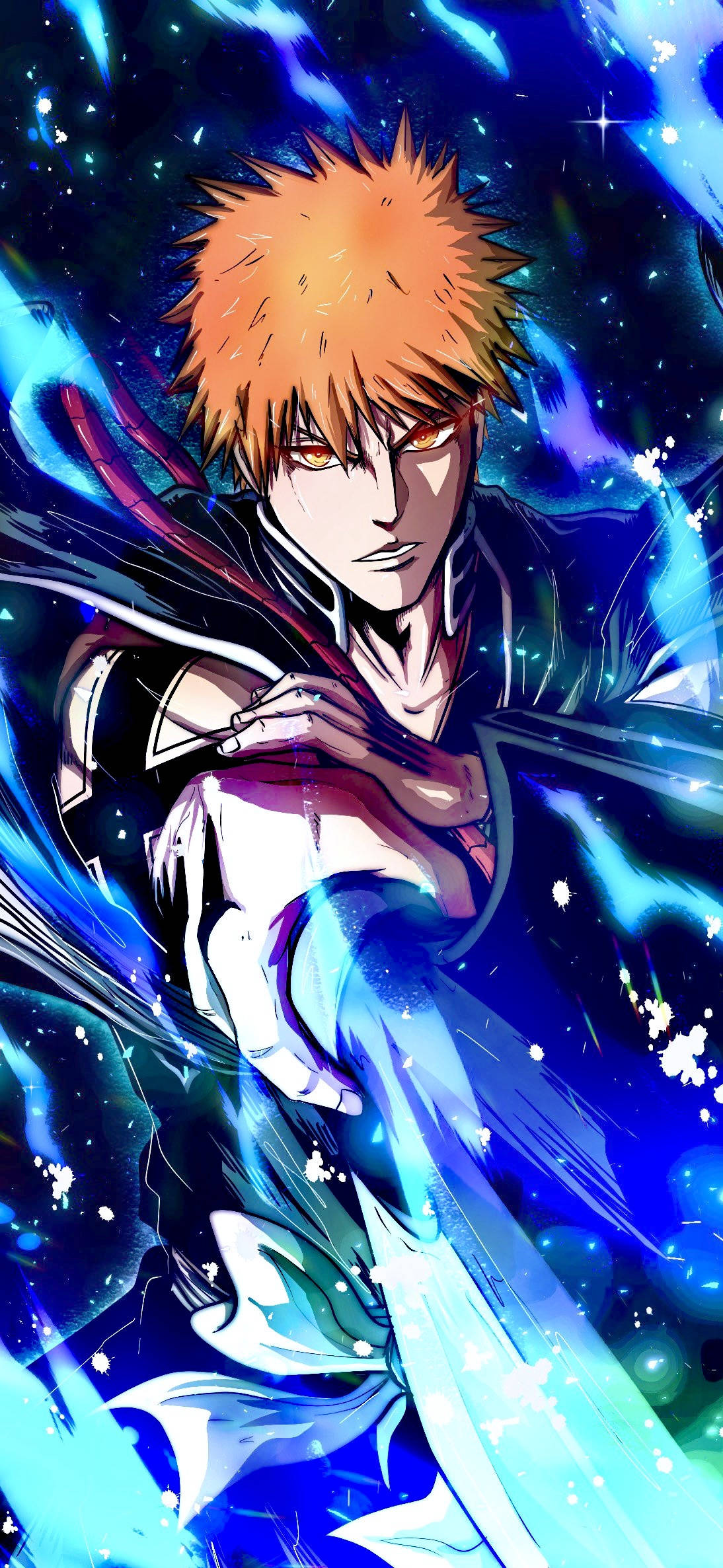 Bleach Anime 桌布 壁紙 — 動漫戰士，擁有尖刺橙色頭髮和發光的眼睛，在宇宙藍色星空背景下揮舞著發光的劍。