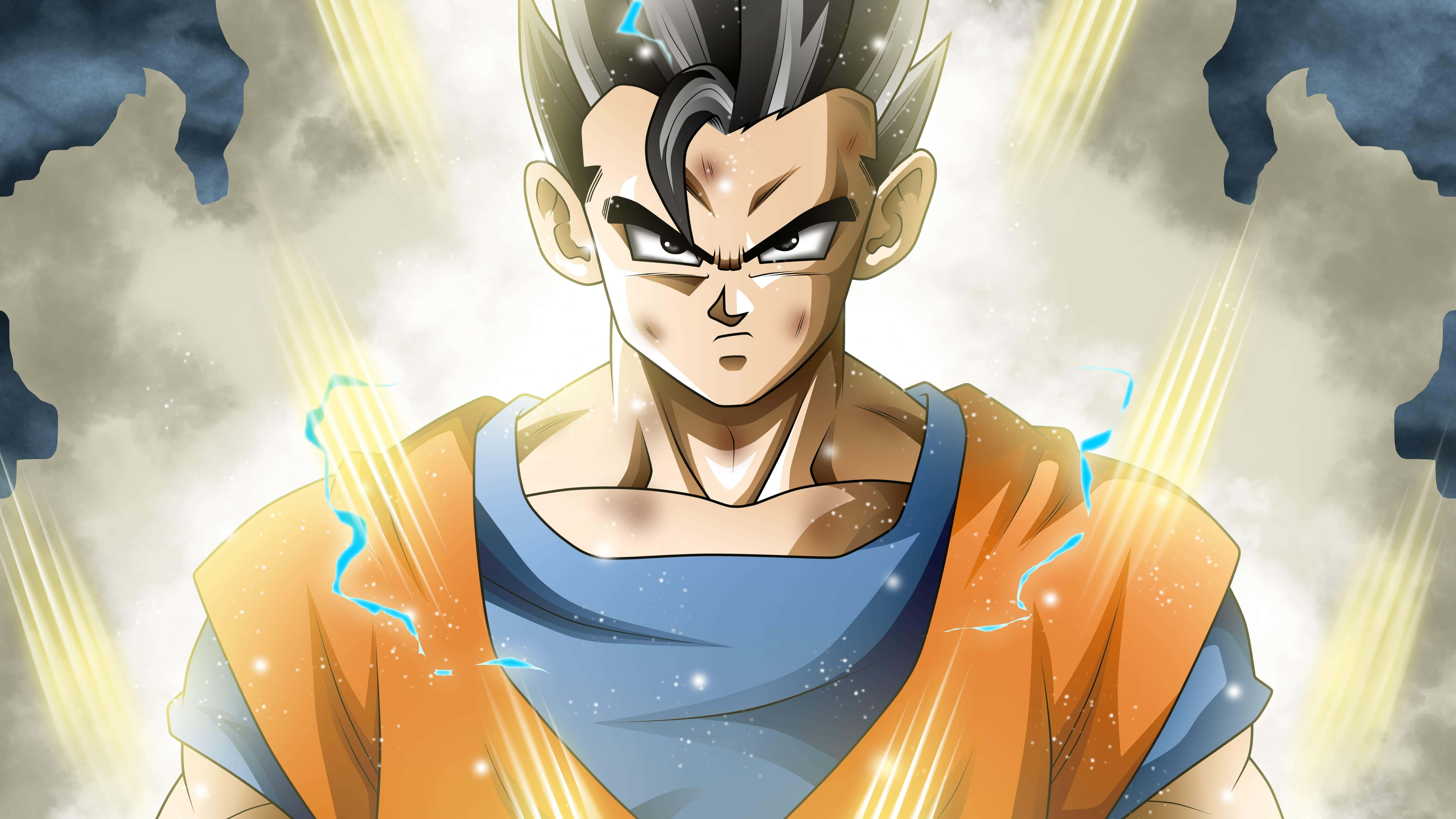 Mystic Gohan 桌布 壁紙 — 動漫戰士，擁有尖刺頭髮和銳利眼神，在暴風雲中散發出金色能量。