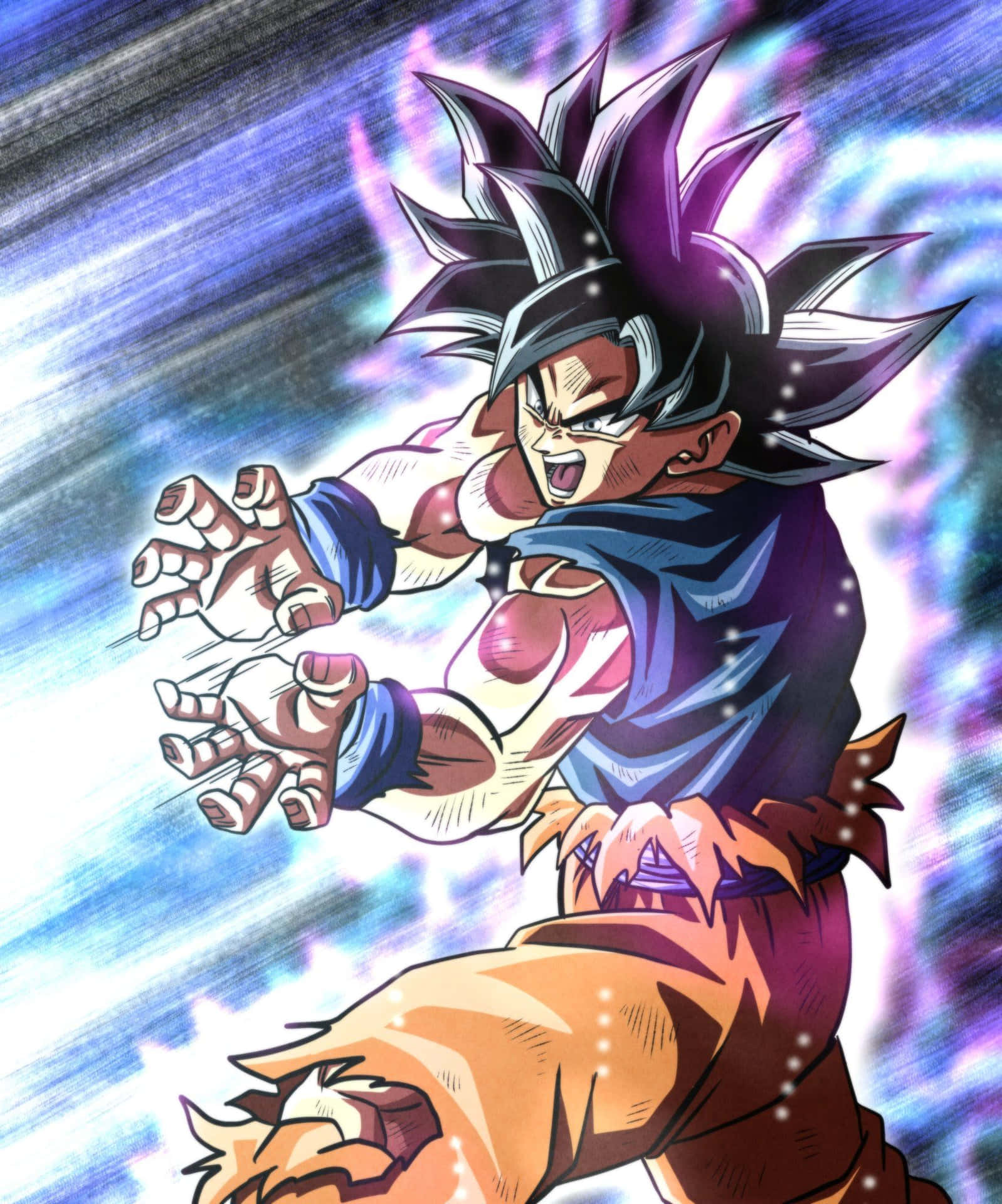 Goku Kaioken 桌布 壁紙 — 動漫戰士，紫色尖刺頭髮，閃耀光環，握緊拳頭，在動態藍紫能量背景中向前衝刺。