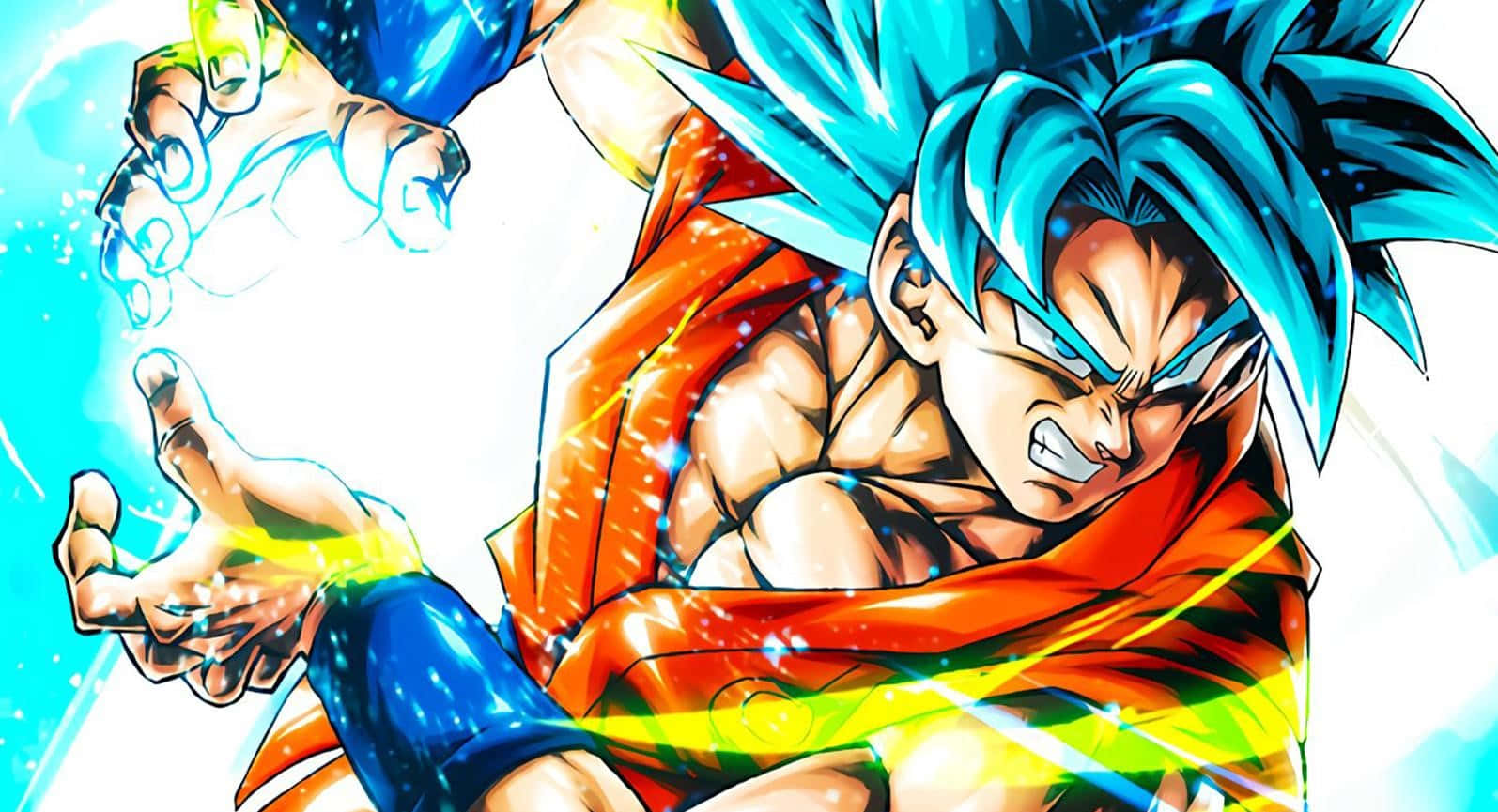 Saiyan 桌布 壁紙 — 動漫戰士，藍色刺蝟頭，身穿橙色道服，在動態戰鬥姿勢中引導發光能量。