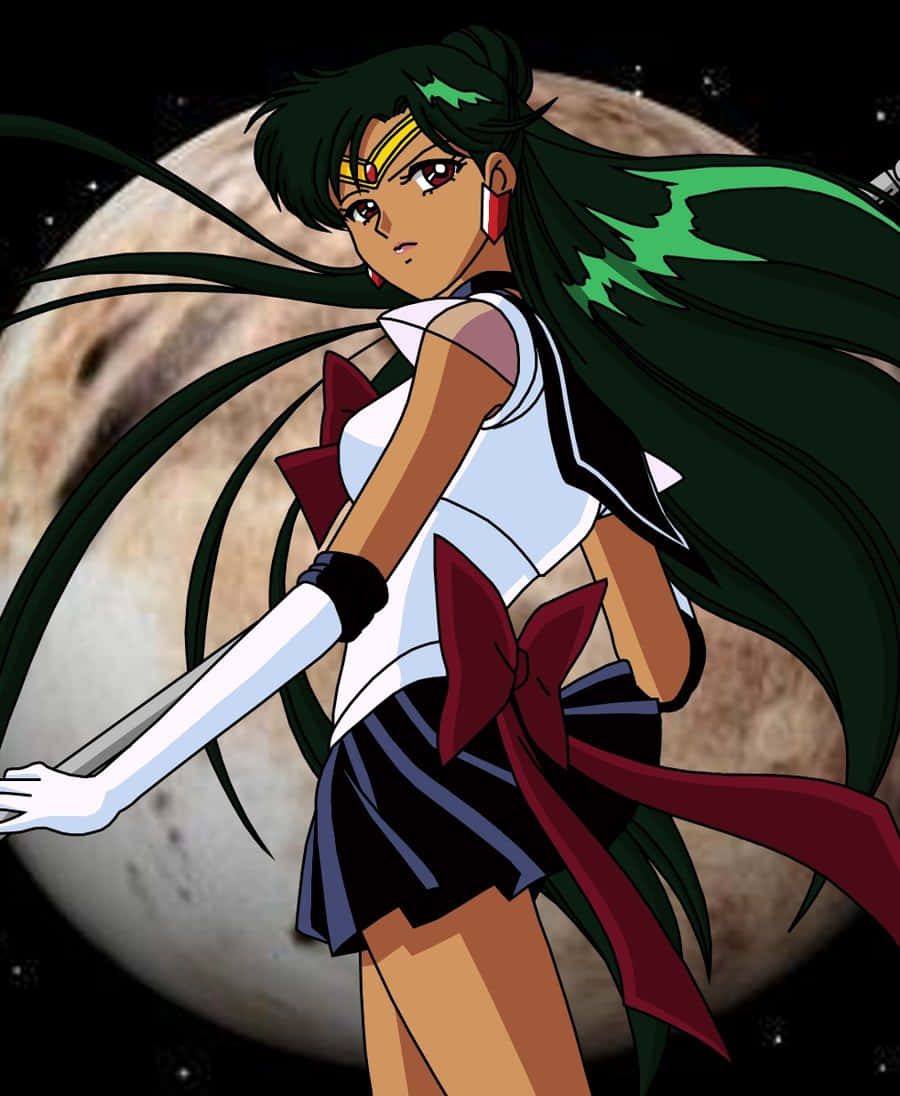 Sailor Pluto 桌布 壁紙 — 動漫戰士，長綠色頭髮和紅色蝴蝶結，自信地站在太空中的大月亮前。