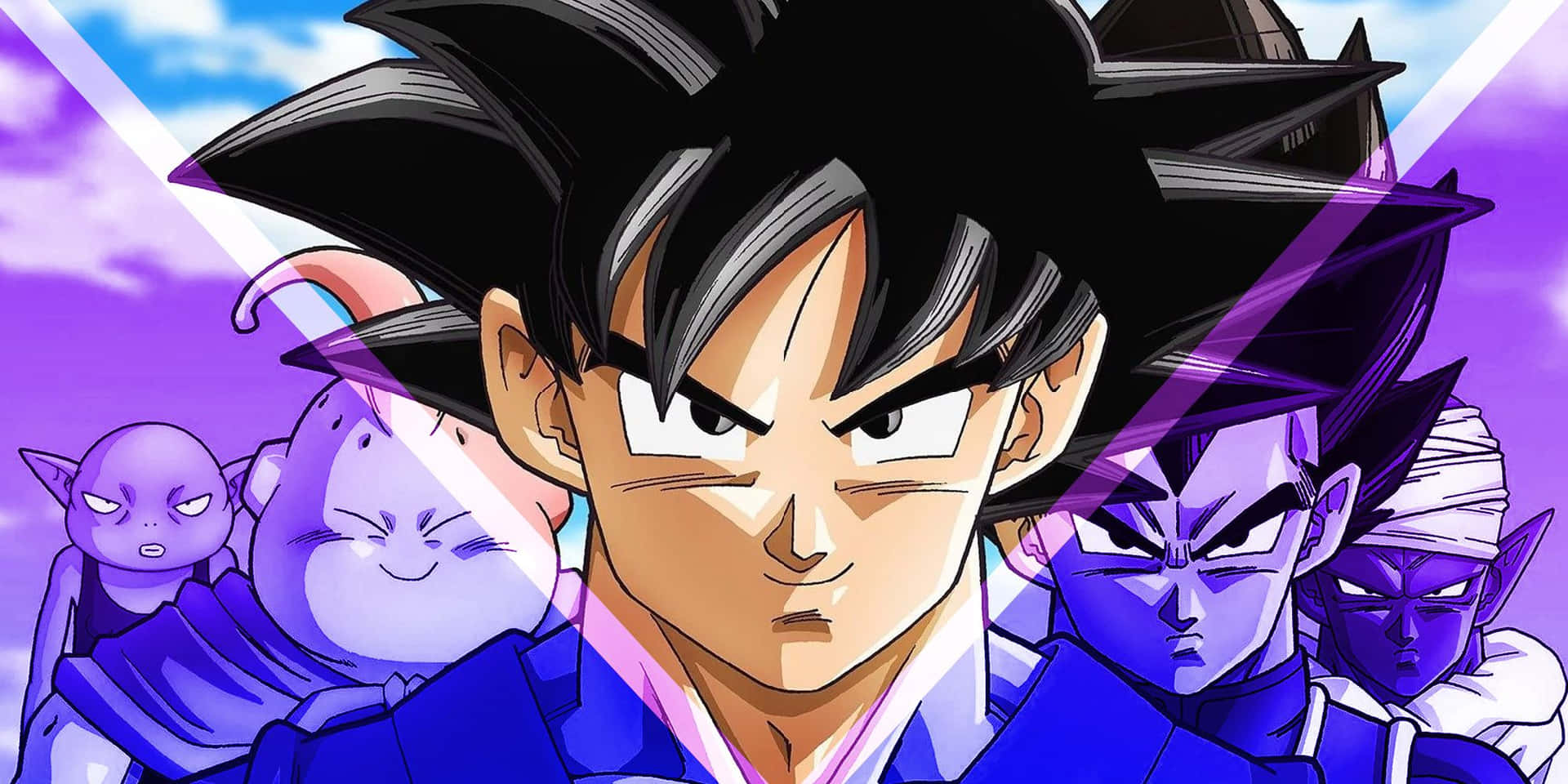 Dragon Ball Movies 桌布 壁紙 — 動漫戰士，黑色刺蝟頭，眼神凌厲，站在舞台中央，身後有紫色能量光束和支援角色。