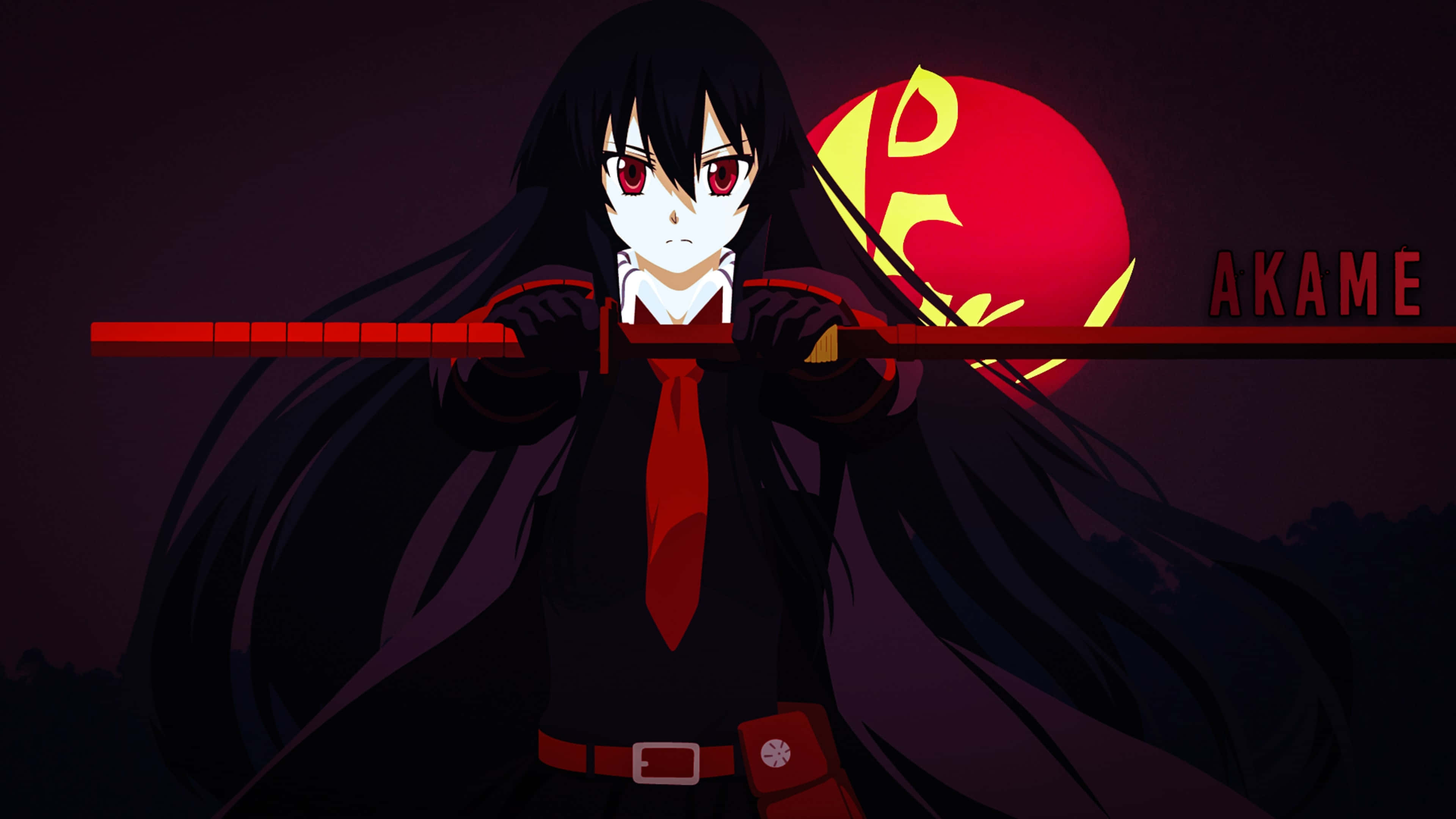Akame Ga Kill 4K 桌布 壁紙 — 動漫戰士Akame手持紅色劍，站在黑暗背景前，背景有發光的紅色太陽和她的名字以粗體字顯示。