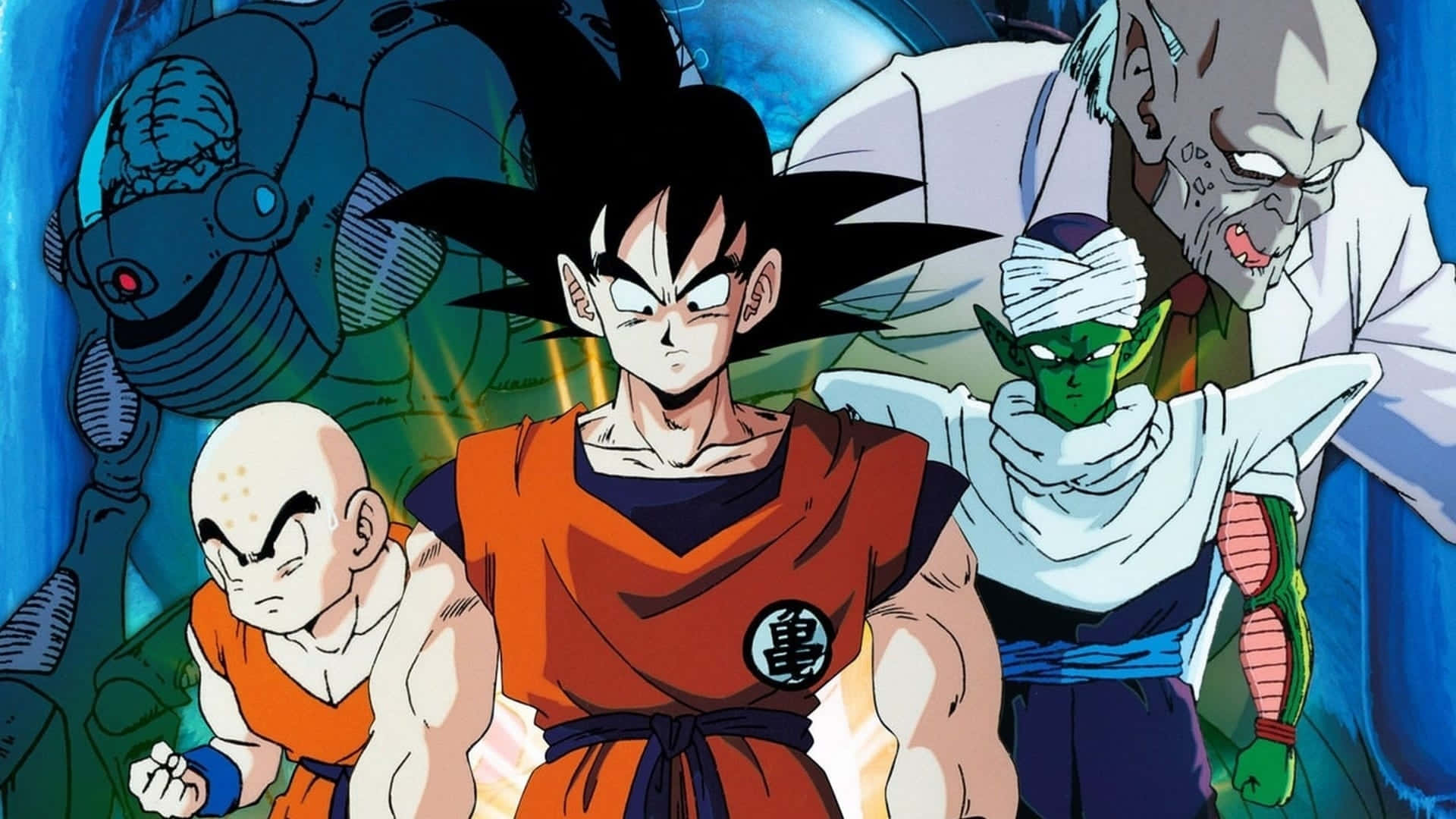 Dbz Movies 桌布 壁紙 — 動漫戰士以動態姿勢和強烈表情，在發光的藍色能量背景下呈現。