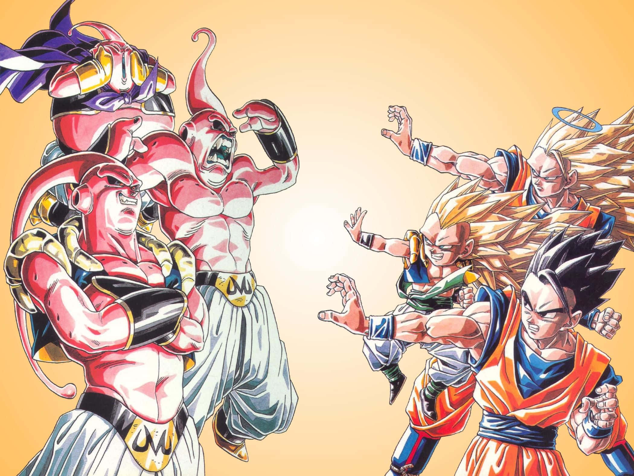 Buu Saga 桌布 壁紙 — 動漫戰士以動態姿勢在溫暖漸變背景上激烈交鋒。