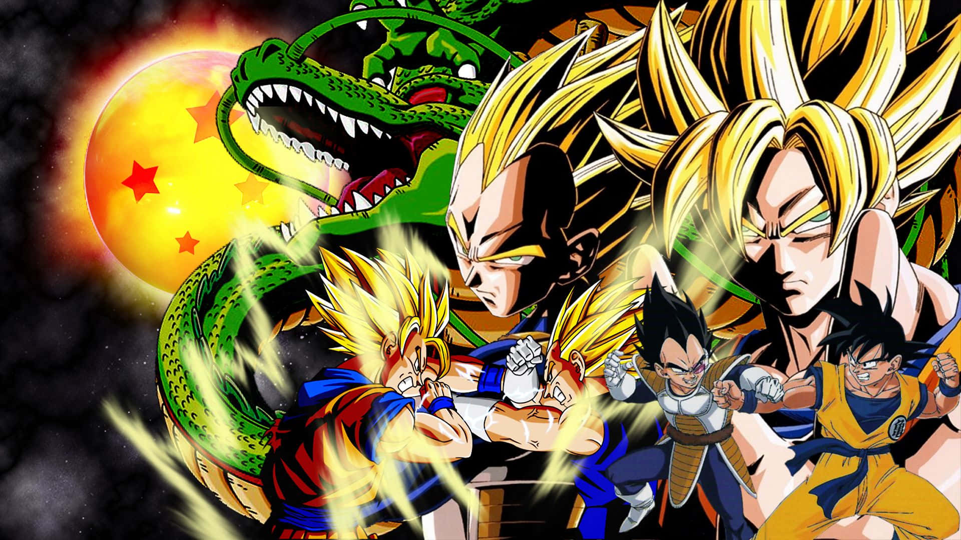 Vegeta And Goku 桌布 壁紙 — 動漫戰士以超級撒亞人形態與龍在熾熱星球背景下激烈交鋒。