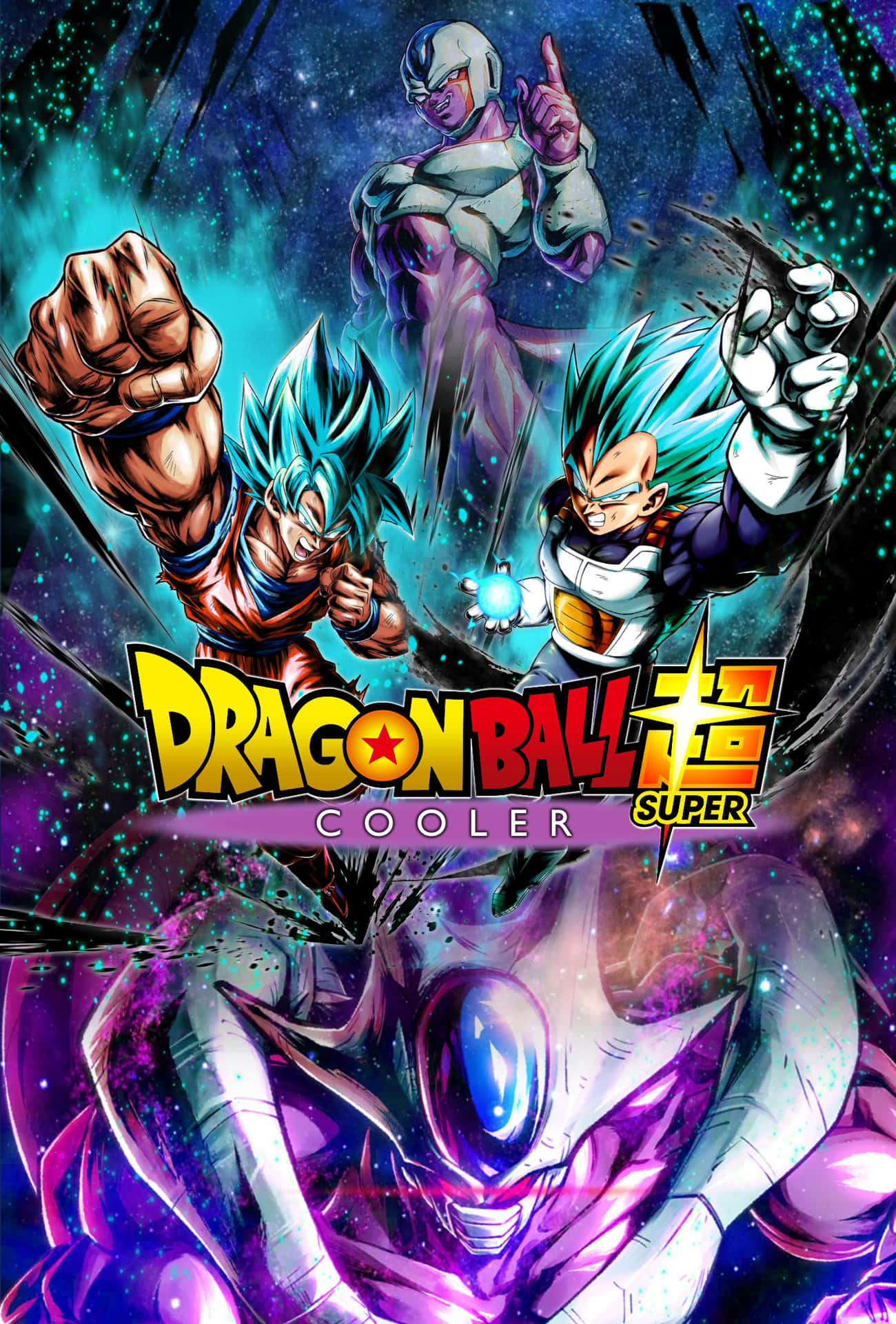 Dragon Ball Movies 桌布 壁紙 — 動漫戰士在宇宙戰鬥姿勢中，背景是繁星點點的紫色和青色星雲。