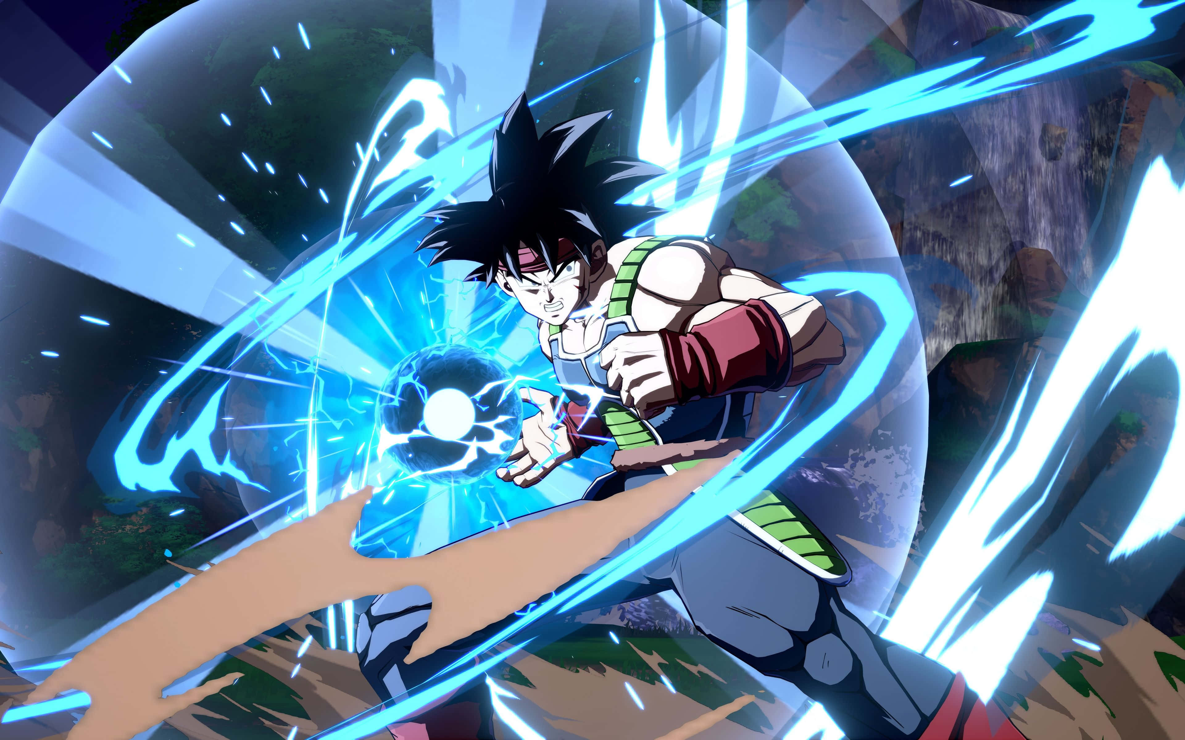 Dragon Ball Fighterz 桌布 壁紙 — 動漫戰士在岩石森林戰場中將藍色能量匯聚成發光球體。