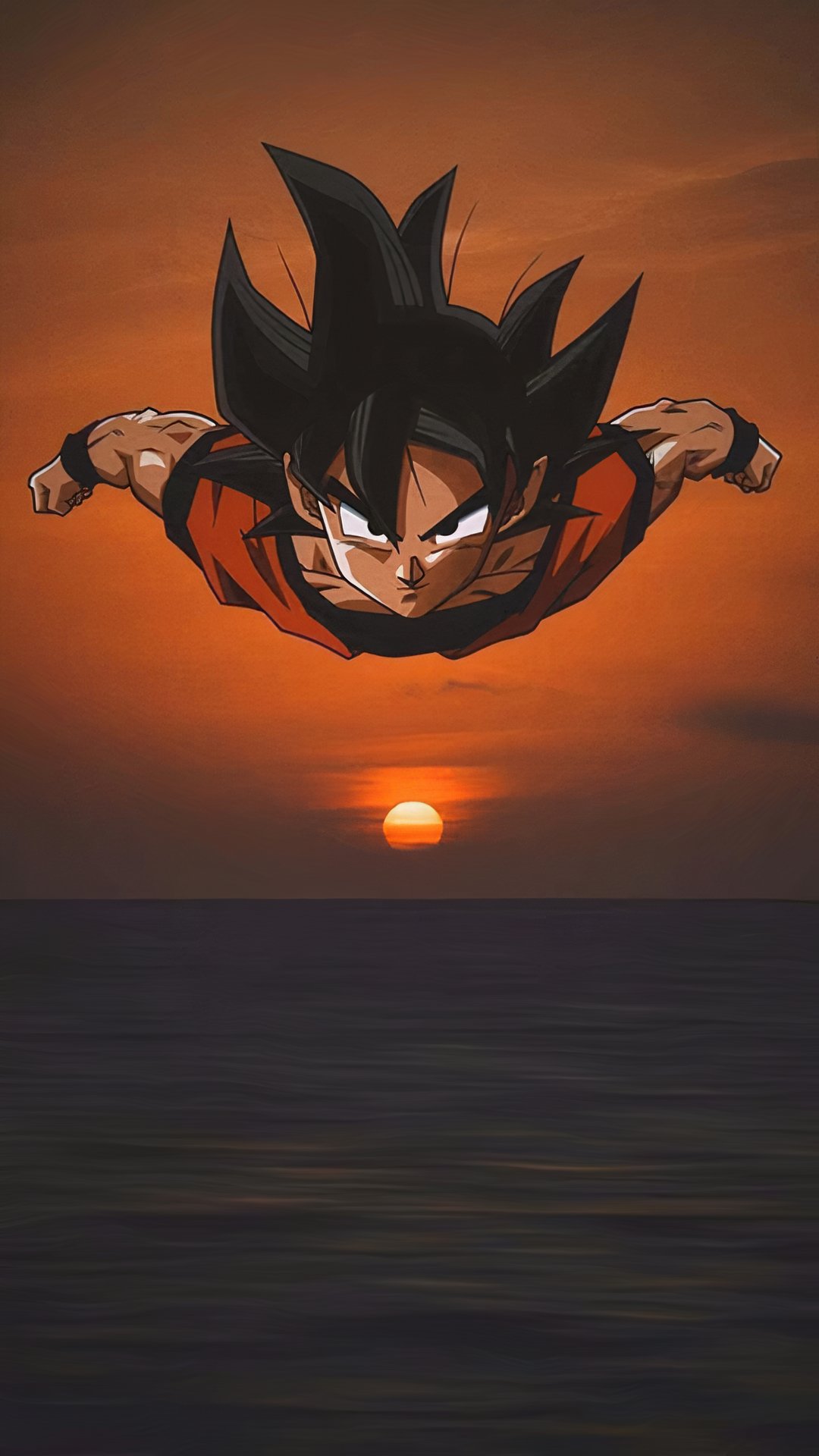 Dragon Ball iPhone 桌布 壁紙 — 動漫戰士在平靜的海洋上空，以強烈專注的表情翱翔於火紅的日落天空。