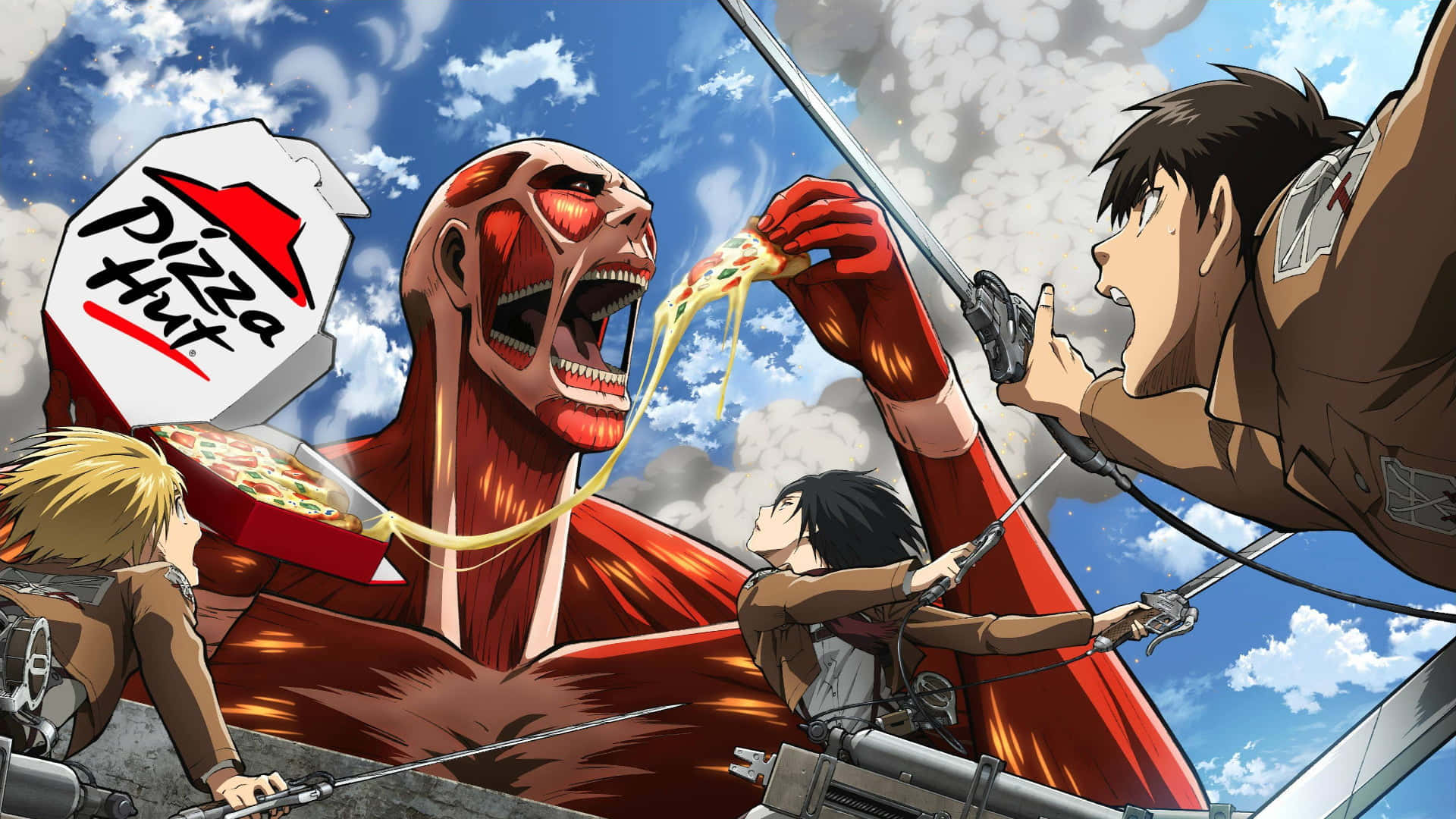Attack On Titan Poster 桌布 壁紙 — 動漫戰士在明亮的藍天下與一個貪婪地從必勝客盒子裡吃披薩的巨型巨人戰鬥。