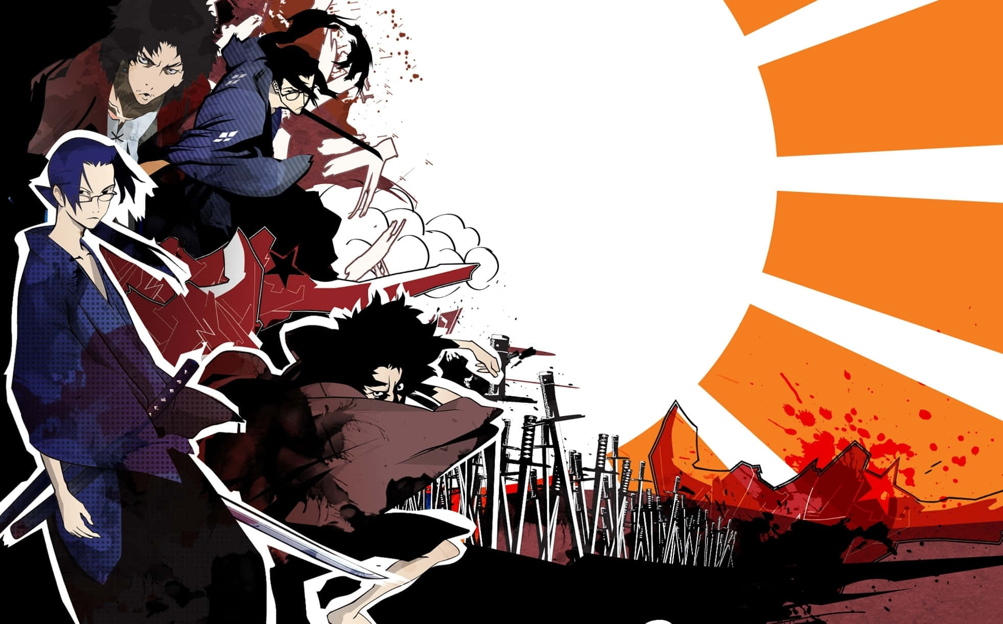 Samurai X 桌布 壁紙 — 動漫戰士在風格化的橙色太陽下，伴隨著紅色飛濺和竹樁，展開動態的戰鬥場景。