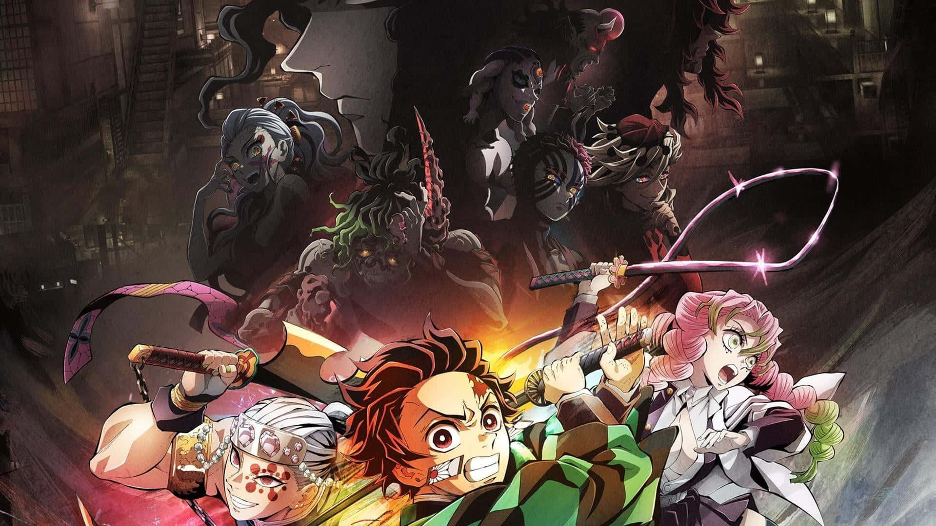 Demon Slayer Half-demon 桌布 壁紙 — 動漫戰士在黑暗天空下與惡魔敵人在熾熱的城市戰鬥中交鋒。