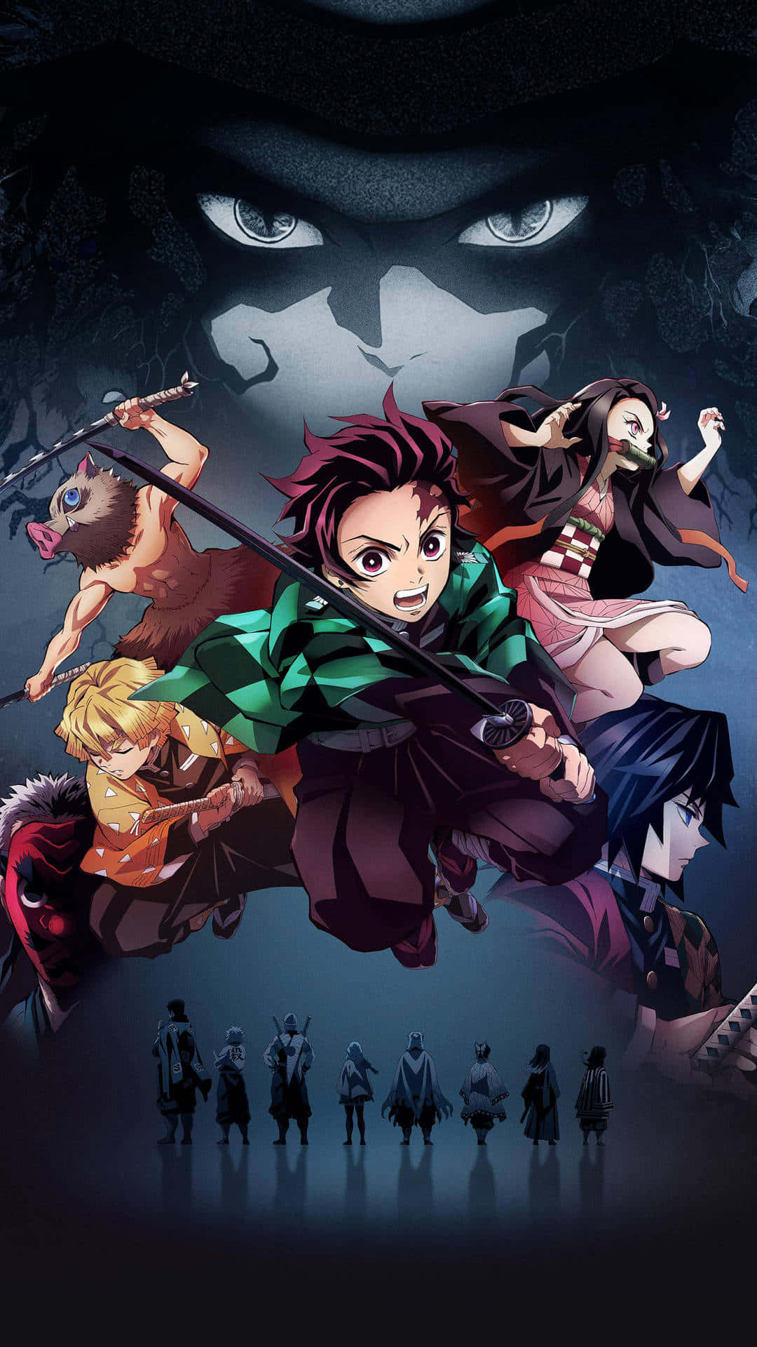 Demon Slayer Corps 桌布 壁紙 — 動漫戰士在黑暗激烈的戰鬥場景中與逼近的惡魔面孔交鋒。