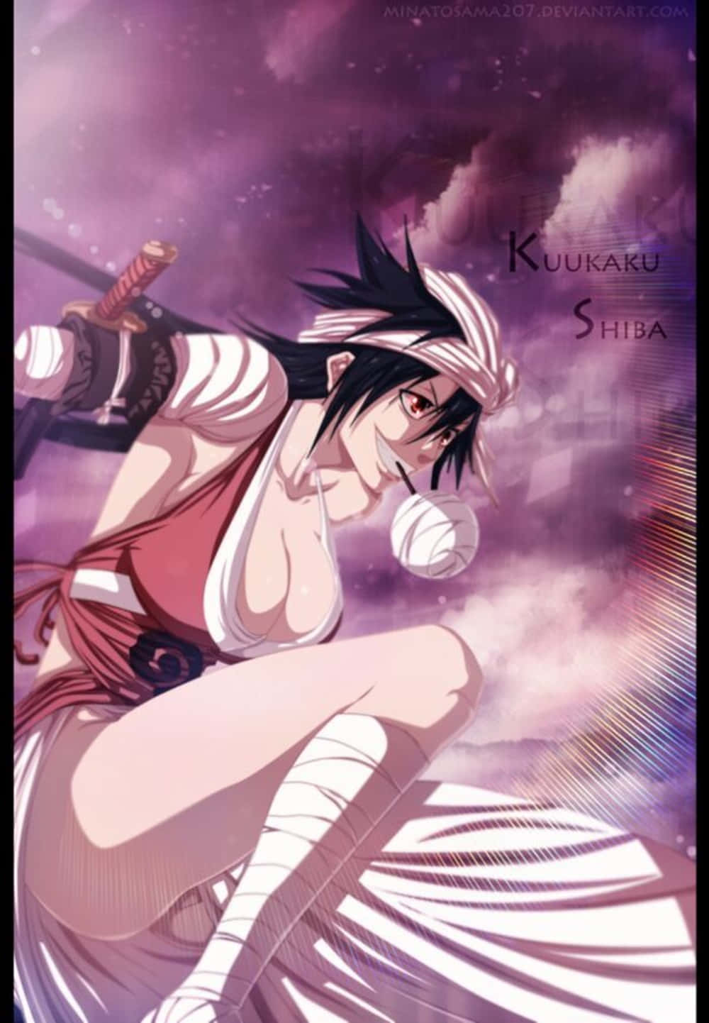 Kukaku Shiba 桌布 壁紙 — 動漫戰士志波空鶴在旋轉的紫色天空下動態蹲伏，手持劍。