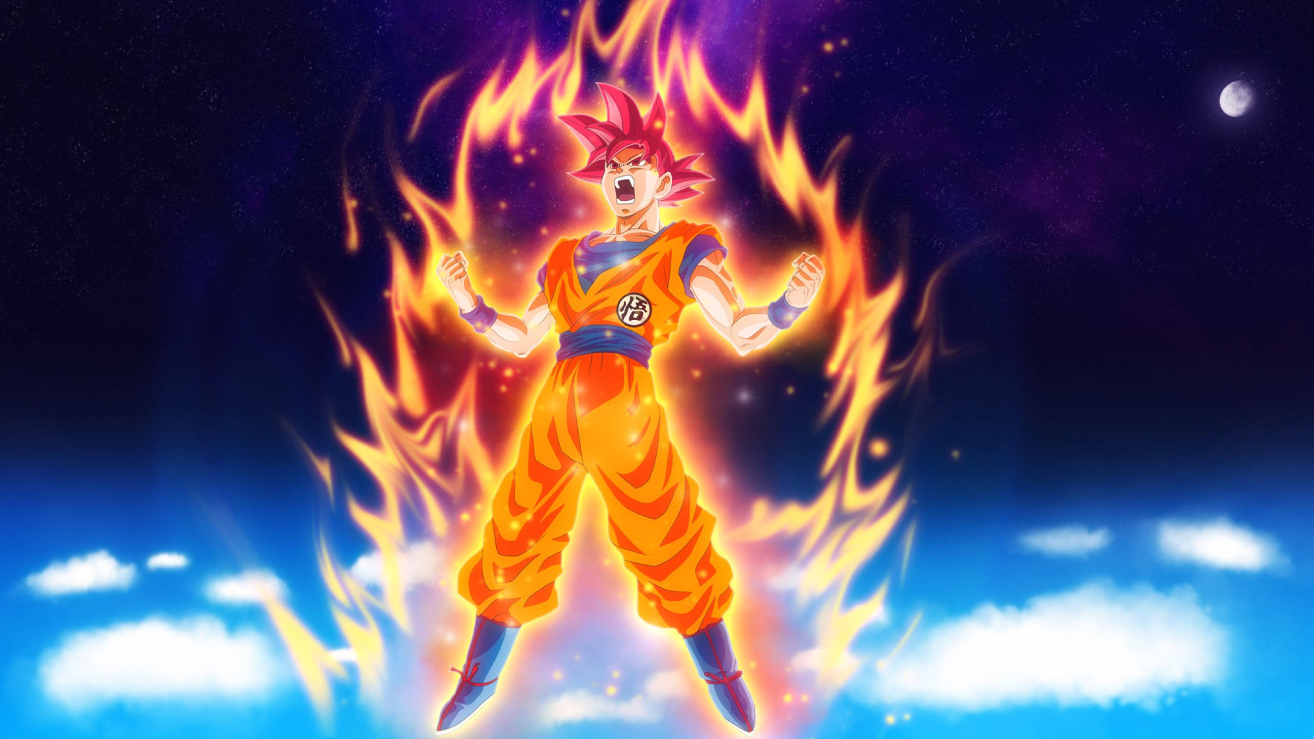 kaioken 桌布 壁紙 — 動漫戰士悟空以超級賽亞人神形態，在佈滿星星、雲朵和月亮的天空中散發出熾熱的能量。