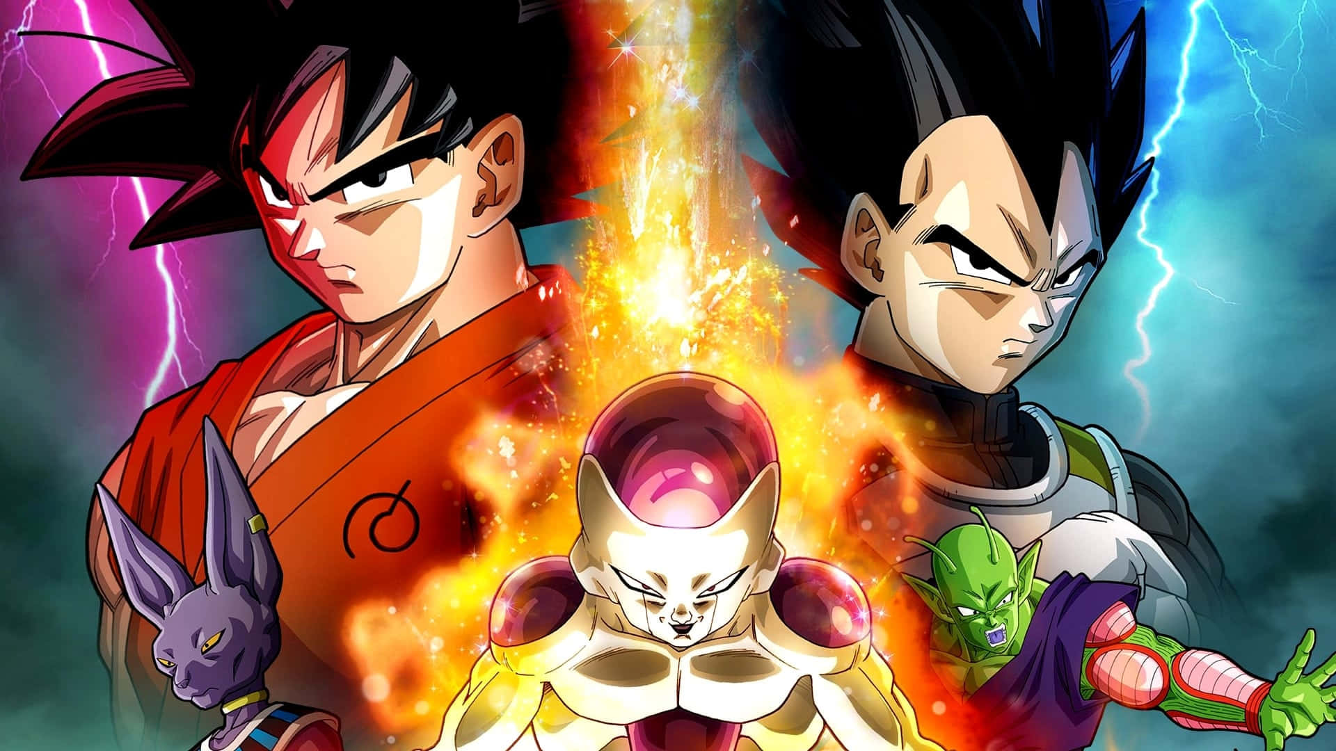 Dbz Movies 桌布 壁紙 — 動漫戰士悟空和比達在電光交錯的天空下與菲利展開激烈戰鬥。