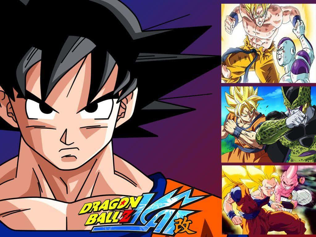 Dragon Ball Z Kai 桌布 壁紙 — 動漫戰士悟空在充滿動感的龍珠Z拼貼畫中凝視著，描繪了與菲利和斯路等敵人的史詩戰鬥。