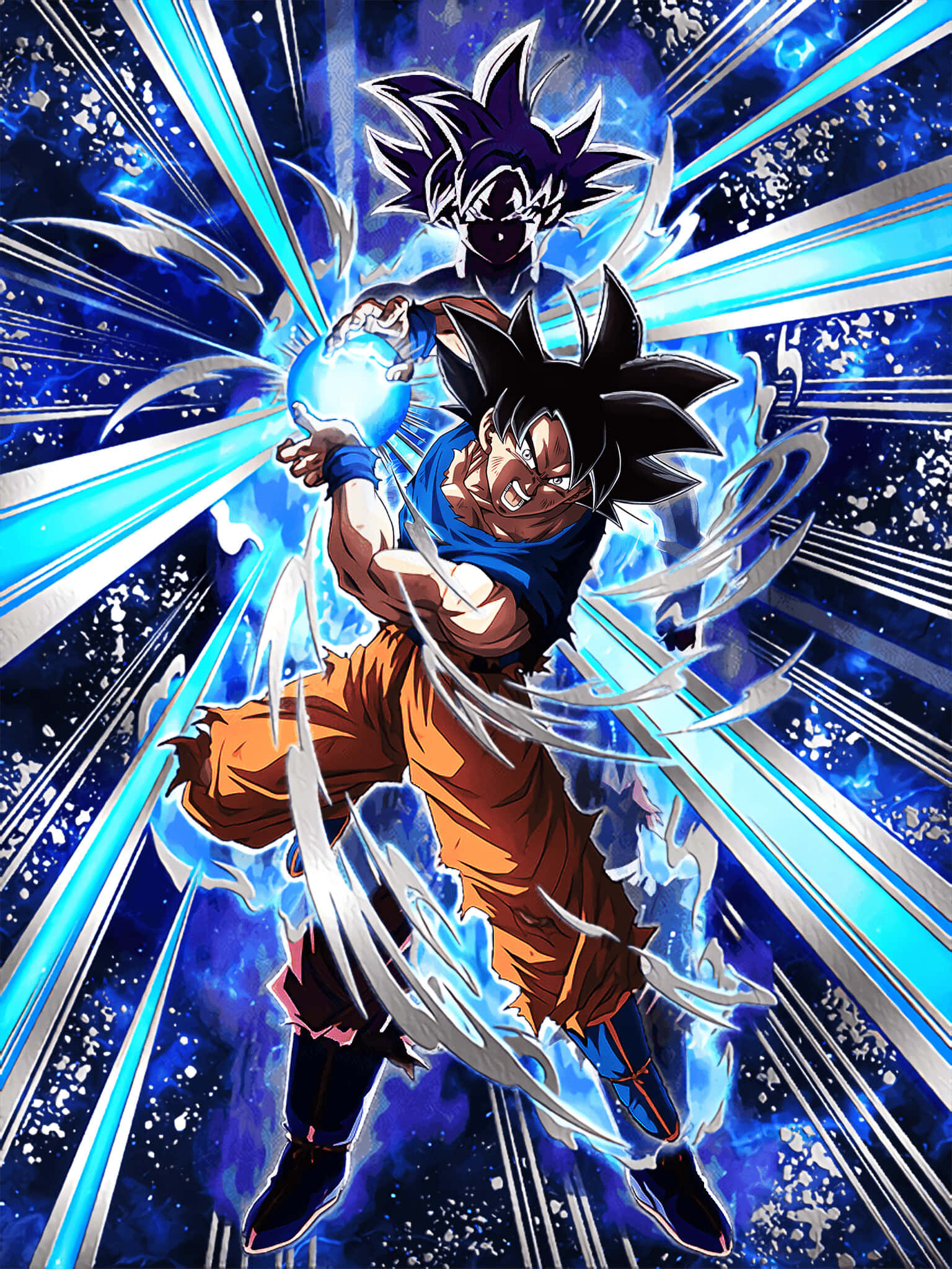 Energy Blast 桌布 壁紙 — 動漫戰士悟空在星空背景下以宇宙爆發釋放藍色能量。