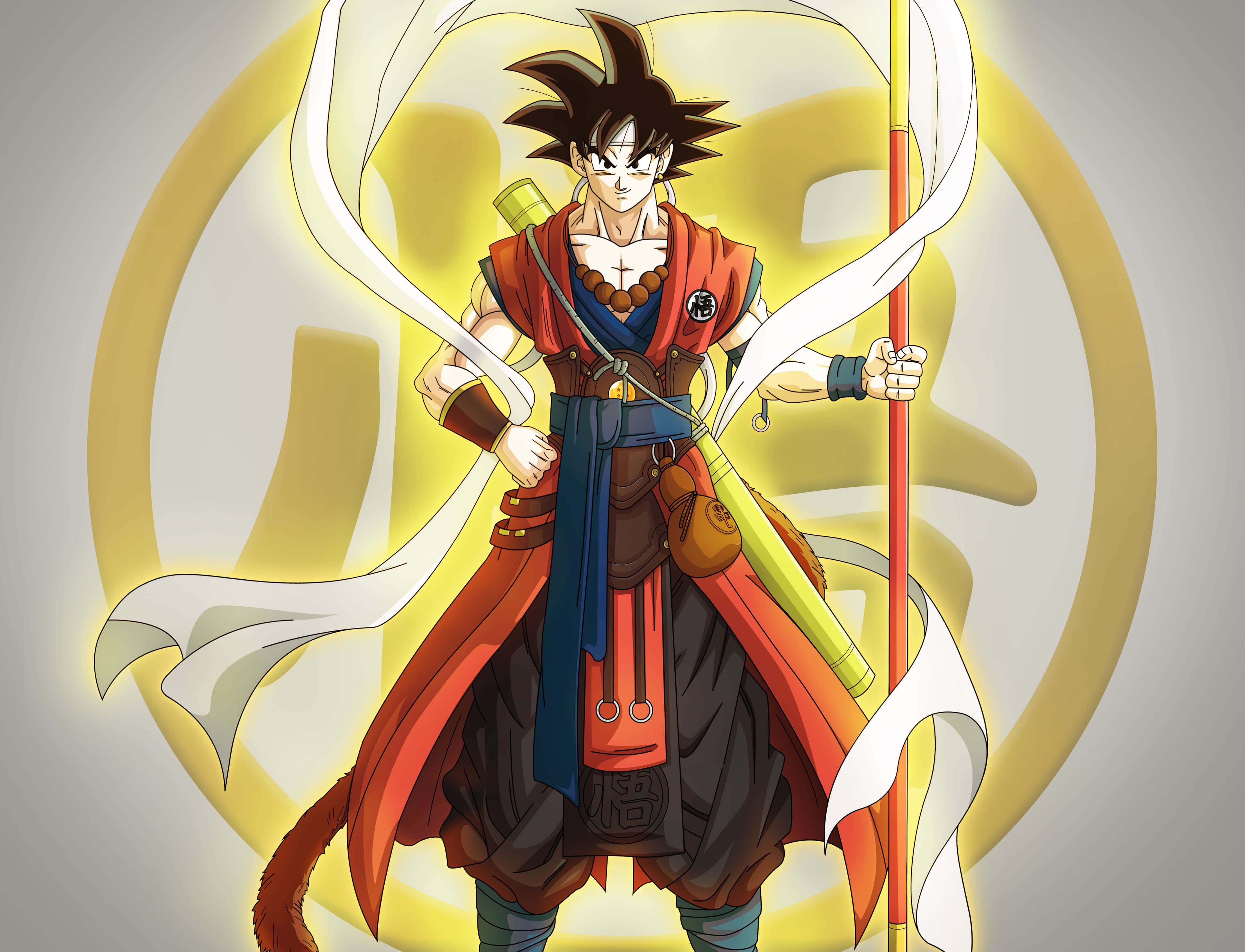 Dragon Ball Heroes 桌布 壁紙 — 動漫戰士悟空自信地站立，身穿紅藍長袍，手持帶有飄逸白色絲帶的杖，背景是發光的黃色圓形。