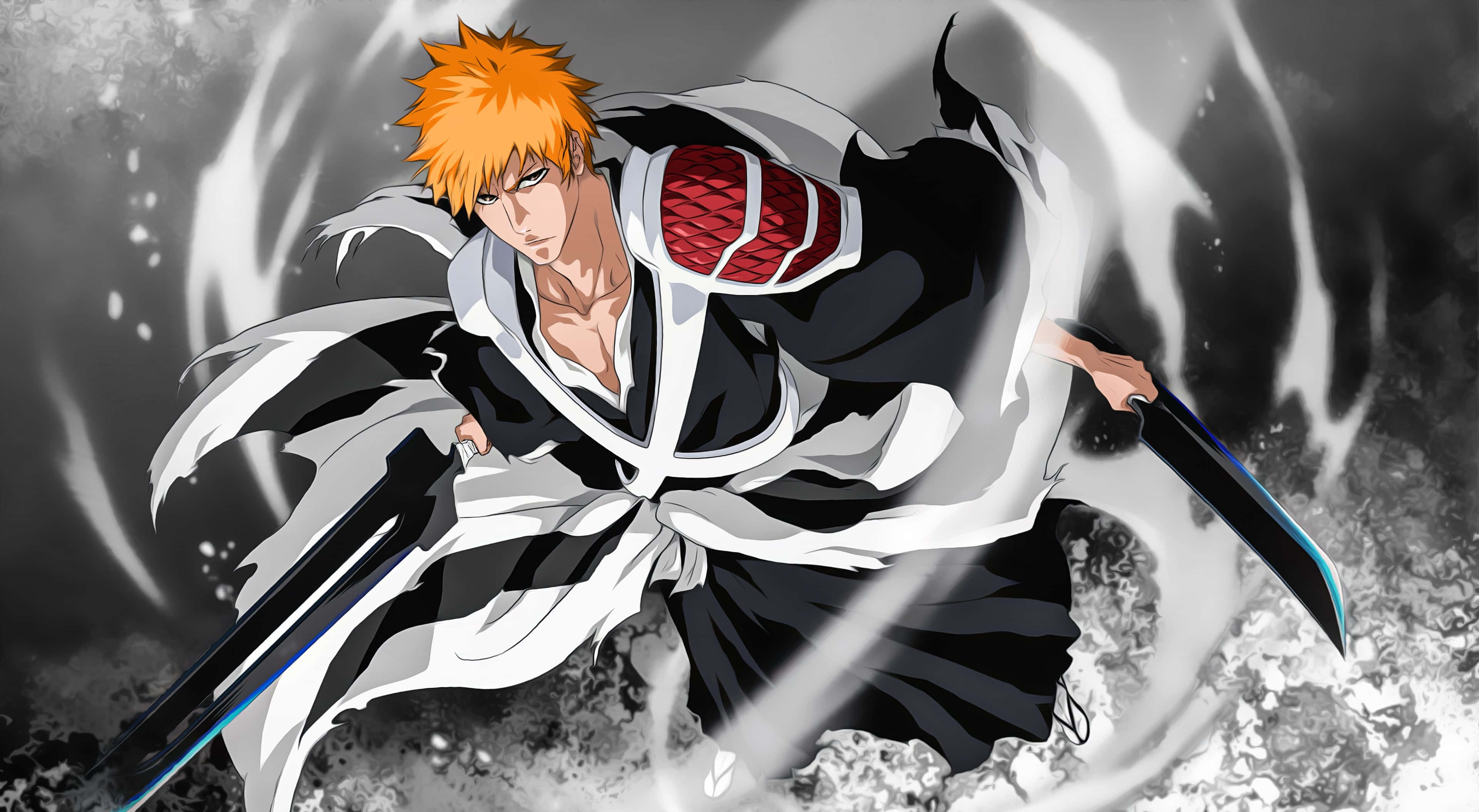 Ichigo 4K 桌布 壁紙 — 動漫戰士擁有尖刺橙色頭髮，在旋轉的黑暗能量中揮舞兩把劍，擺出動態戰鬥姿勢。