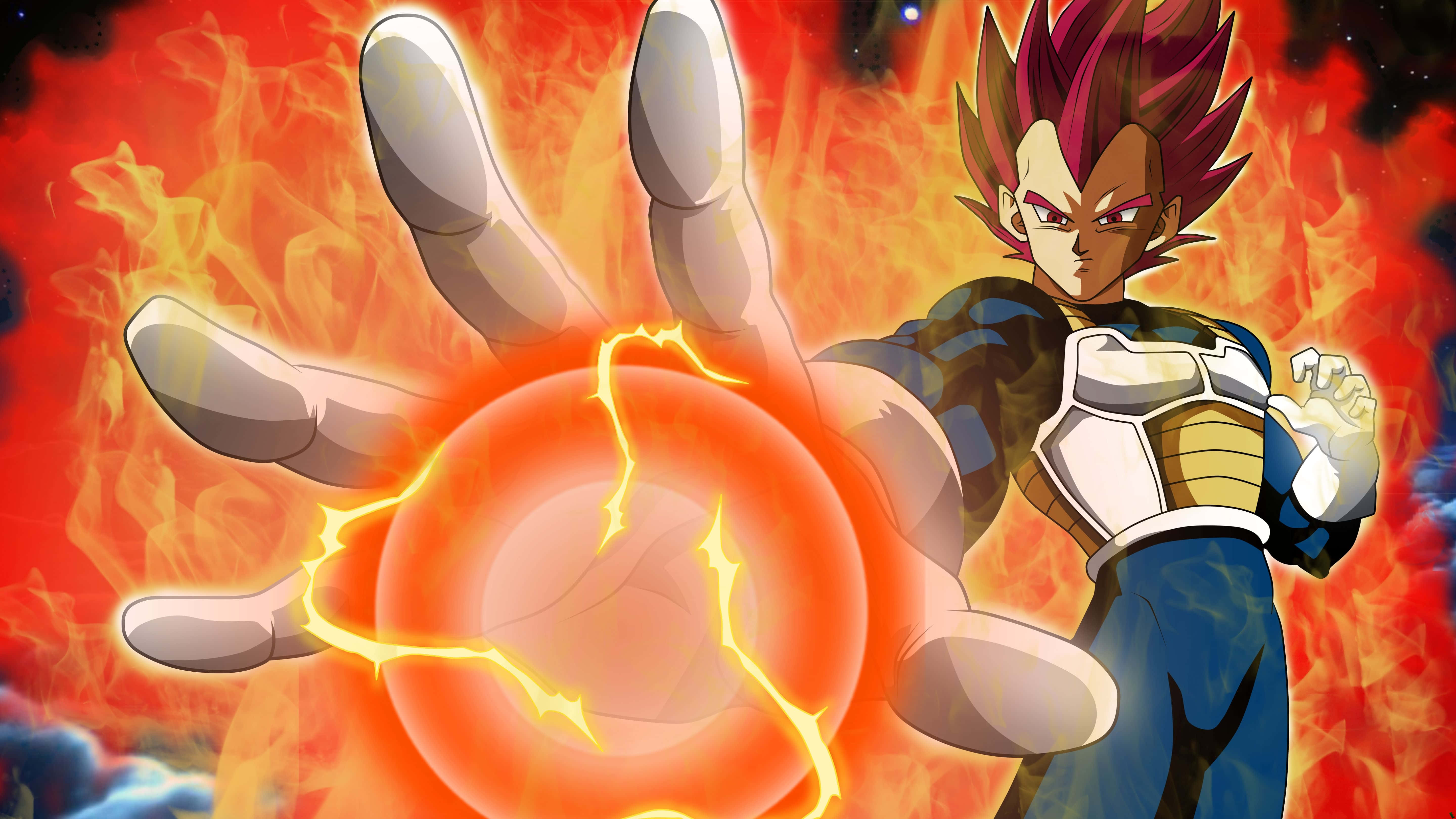 Vegeta Super Saiyan God 桌布 壁紙 — 動漫戰士擁有尖刺的粉紅色頭髮，在熾熱的紅色和橙色宇宙背景下，將火焰能量注入發光的球體中。