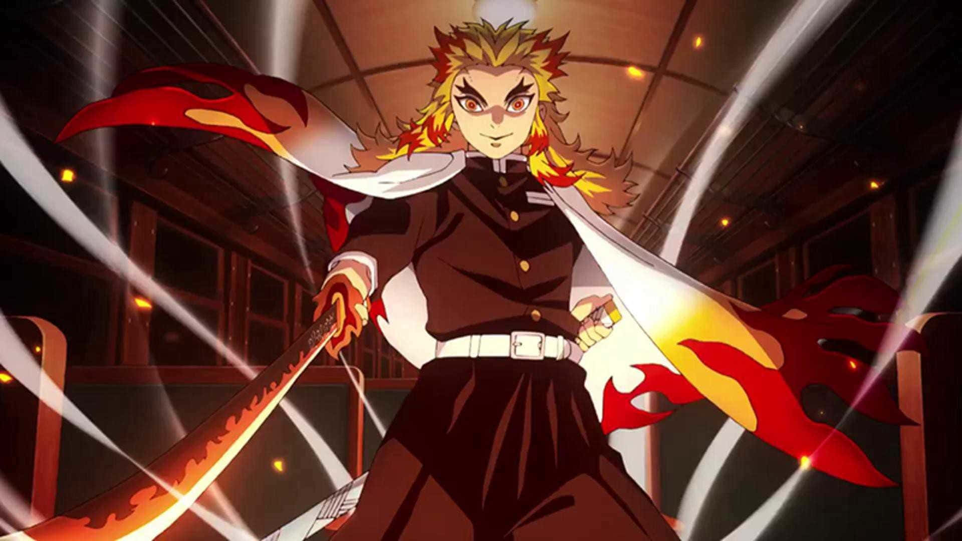 Rengoku Sword 桌布 壁紙 — 動漫戰士擁有火焰般的頭髮和披風，在戲劇性的火車車廂戰鬥場景中揮舞著一把火焰劍。