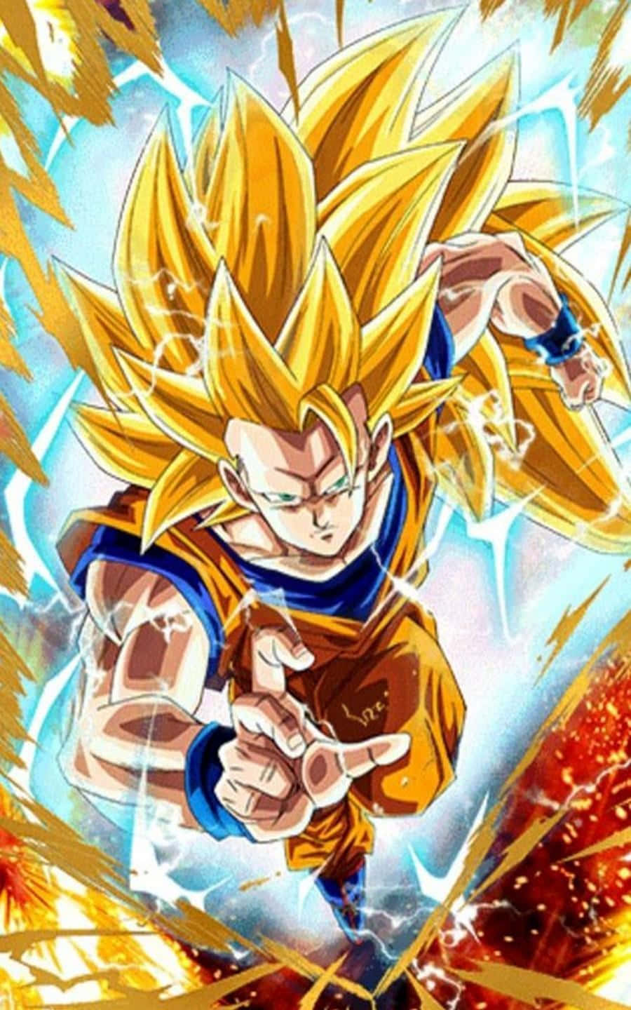 Ssj3 桌布 壁紙 — 動漫戰士擁有金色刺蝟頭和橙色道服，在火焰背景前以動態戰鬥姿勢釋放能量。