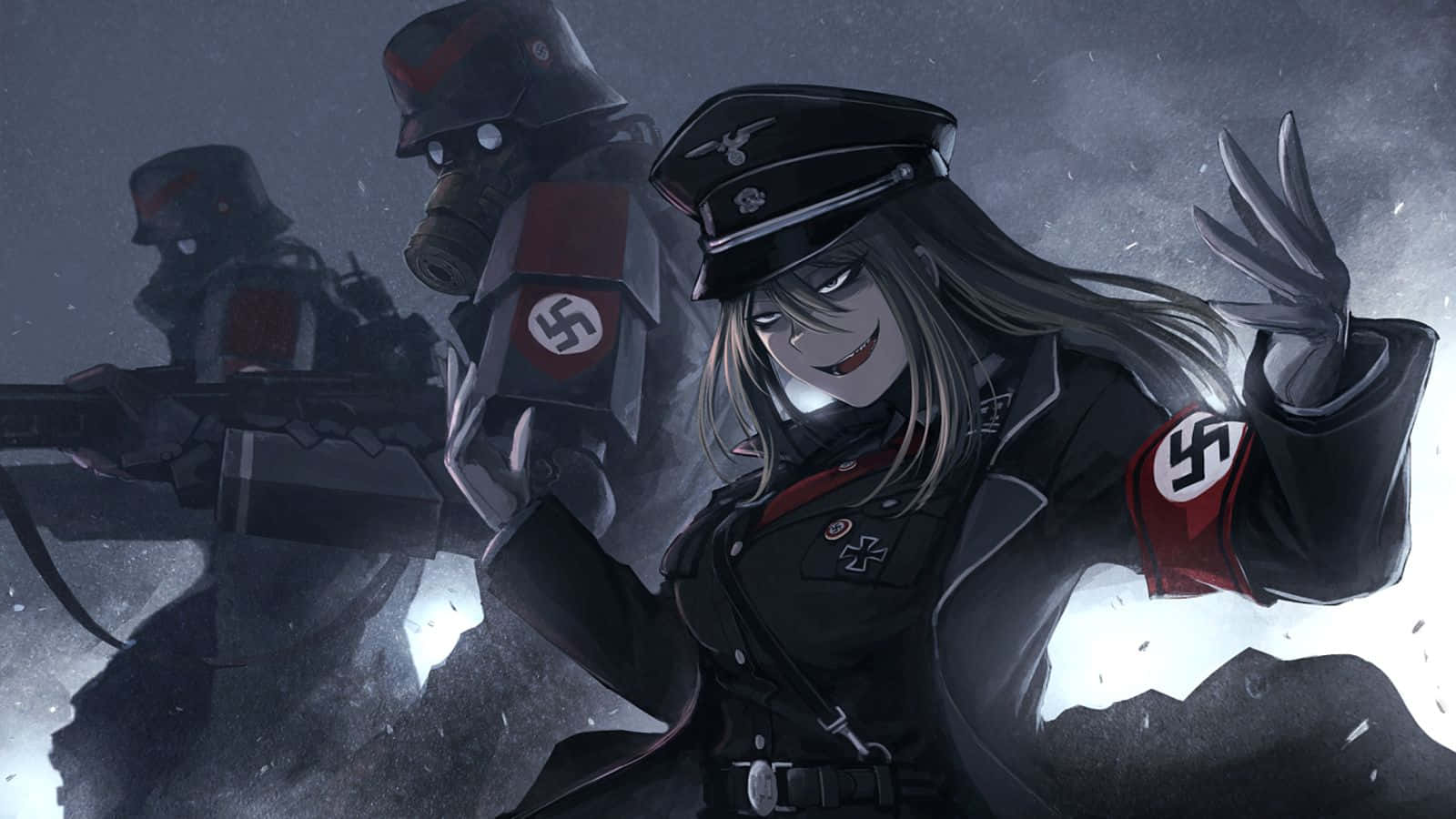 動漫女孩穿著納粹制服，與兩名戴面具的士兵在雪地戰鬥場景中微笑。