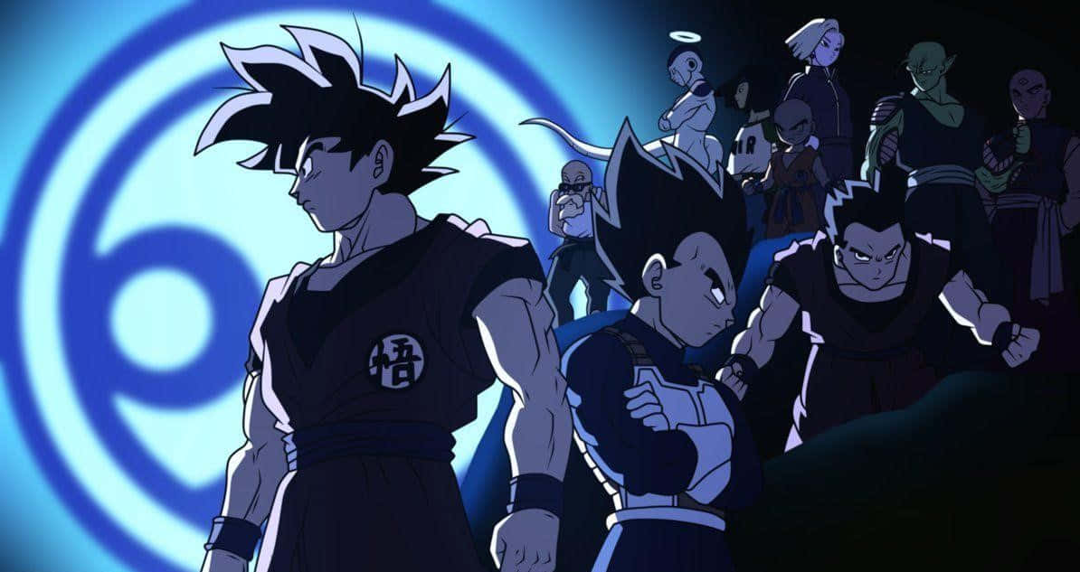 Dragon Ball Super Universe 6 桌布 壁紙 — 動漫戰士站在黑暗場景中，背後有發光的藍色螺旋。