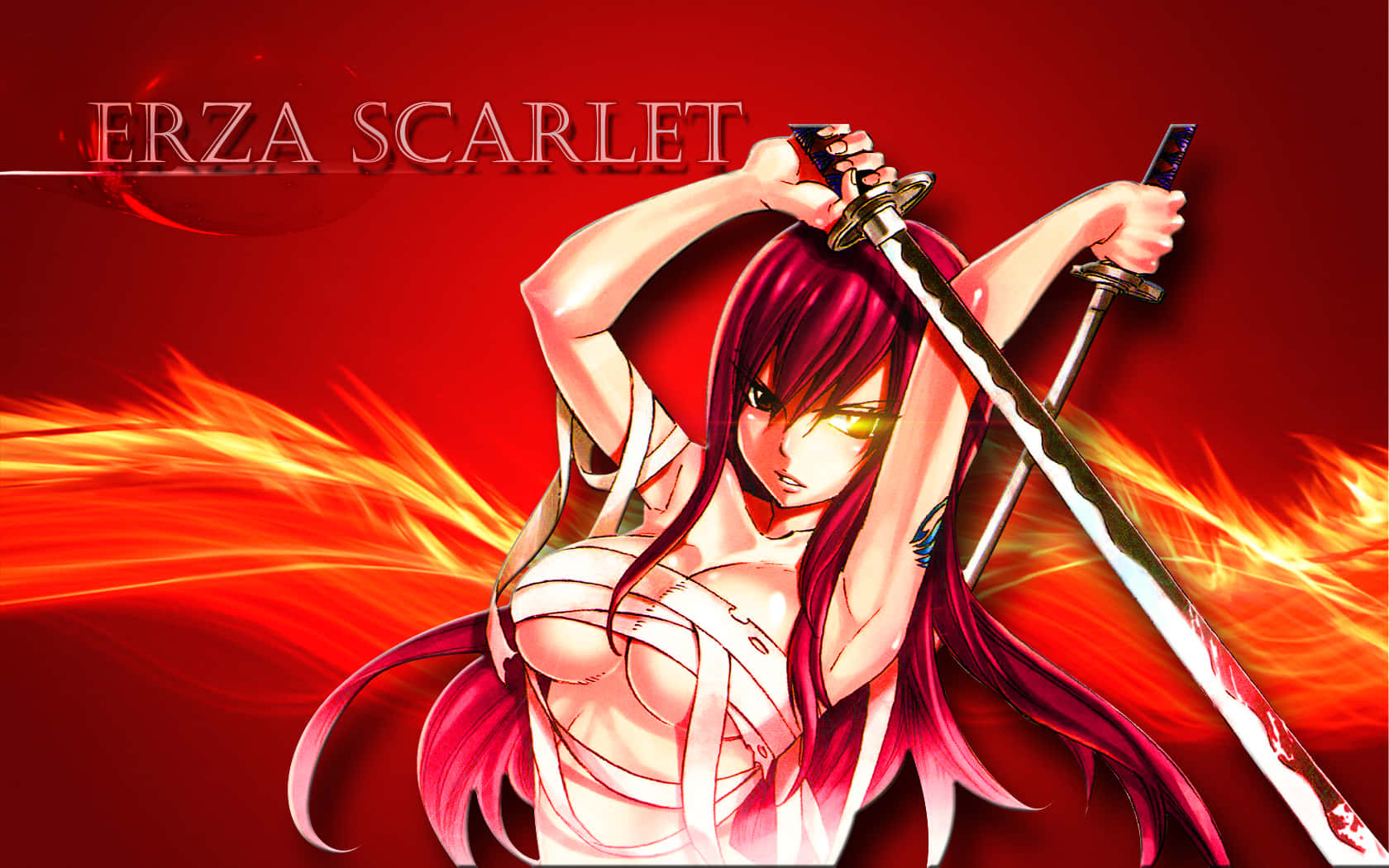 erza scarlet 桌布 壁紙 — 動漫戰士艾爾莎·史卡雷特手持雙劍，站在火焰動態的熾熱紅色背景前。