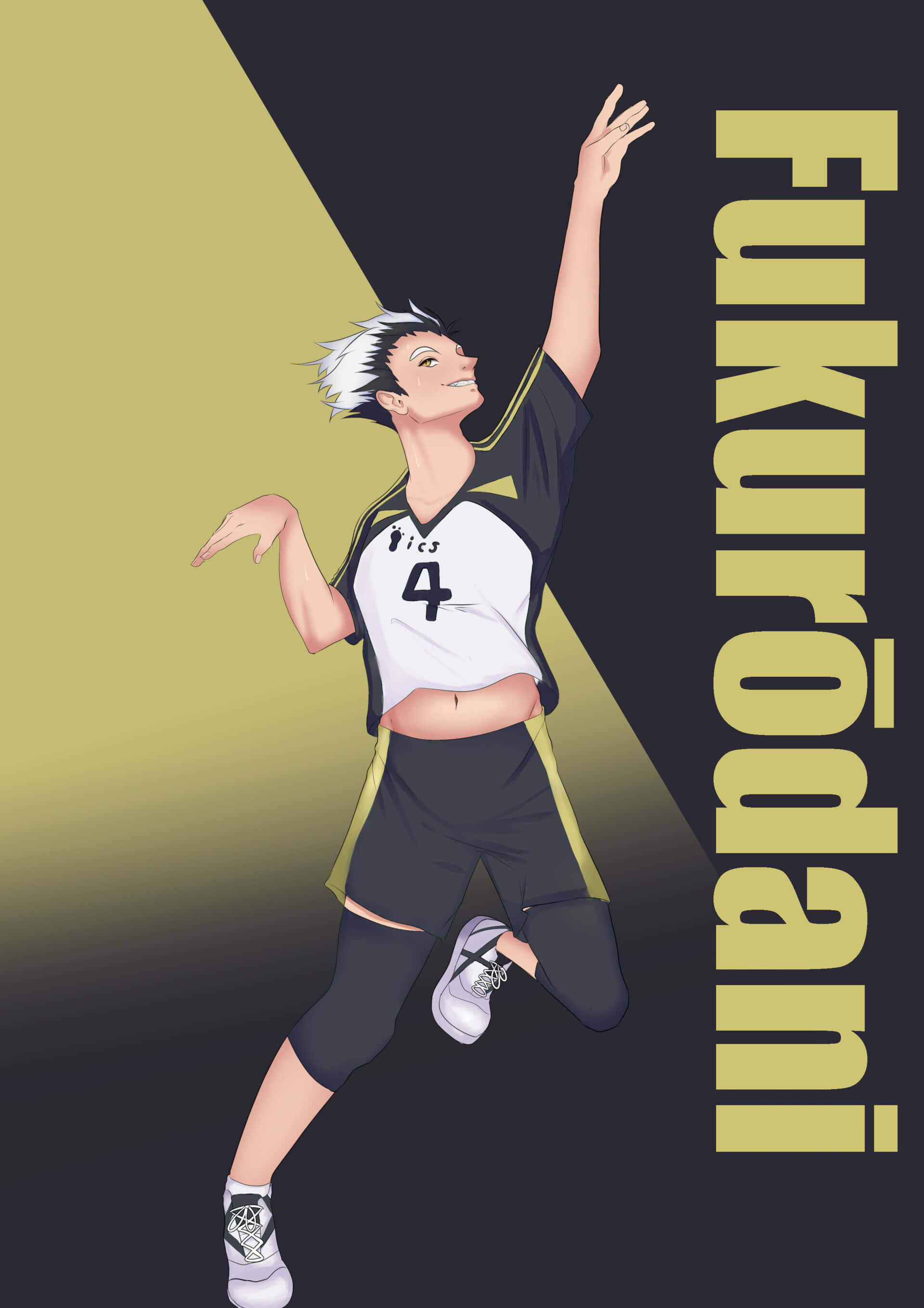Haikyuu Captains 桌布 壁紙 — 動漫排球運動員梟谷穿著黑白制服，在黃黑分割的背景上動態跳躍。