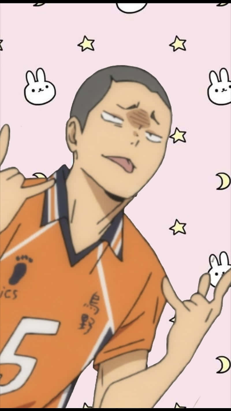 Tanaka Ryunosuke 桌布 壁紙 — 動漫排球運動員穿著橙色球衣，在粉紅色背景上做出俏皮的手勢，背景有星星和兔子。