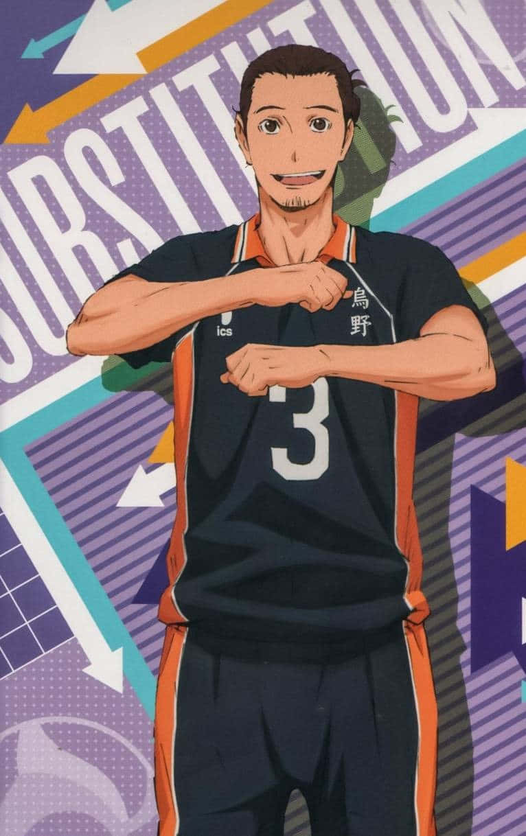 Asahi Azumane 桌布 壁紙 — 動漫排球運動員身穿深藍色球衣，號碼3，橙色飾邊，在充滿活力的幾何背景前自信地擺姿勢。
